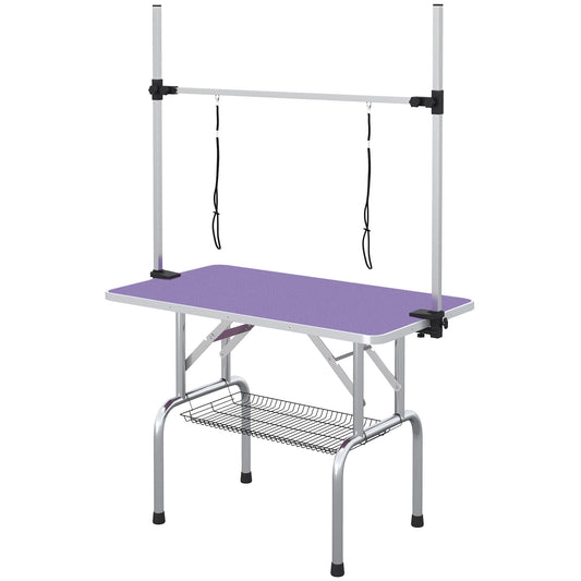 43"L Dog Grooming Table, Pet Foldable Grooming Table with 8"- 32" Adjustable Arm, Two Nooses, Mesh Tray and Rubber Top for Large Medium Small Pets, Purple