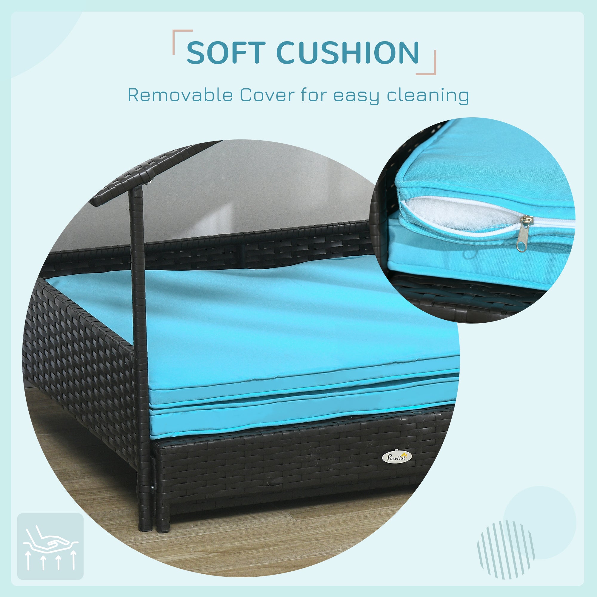 Elevated Rattan Dog House Outdoor with Canopy, Extendable Wicker Dog Bed with Water-Resistant Cushion, for Small and Medium Dogs Blue
