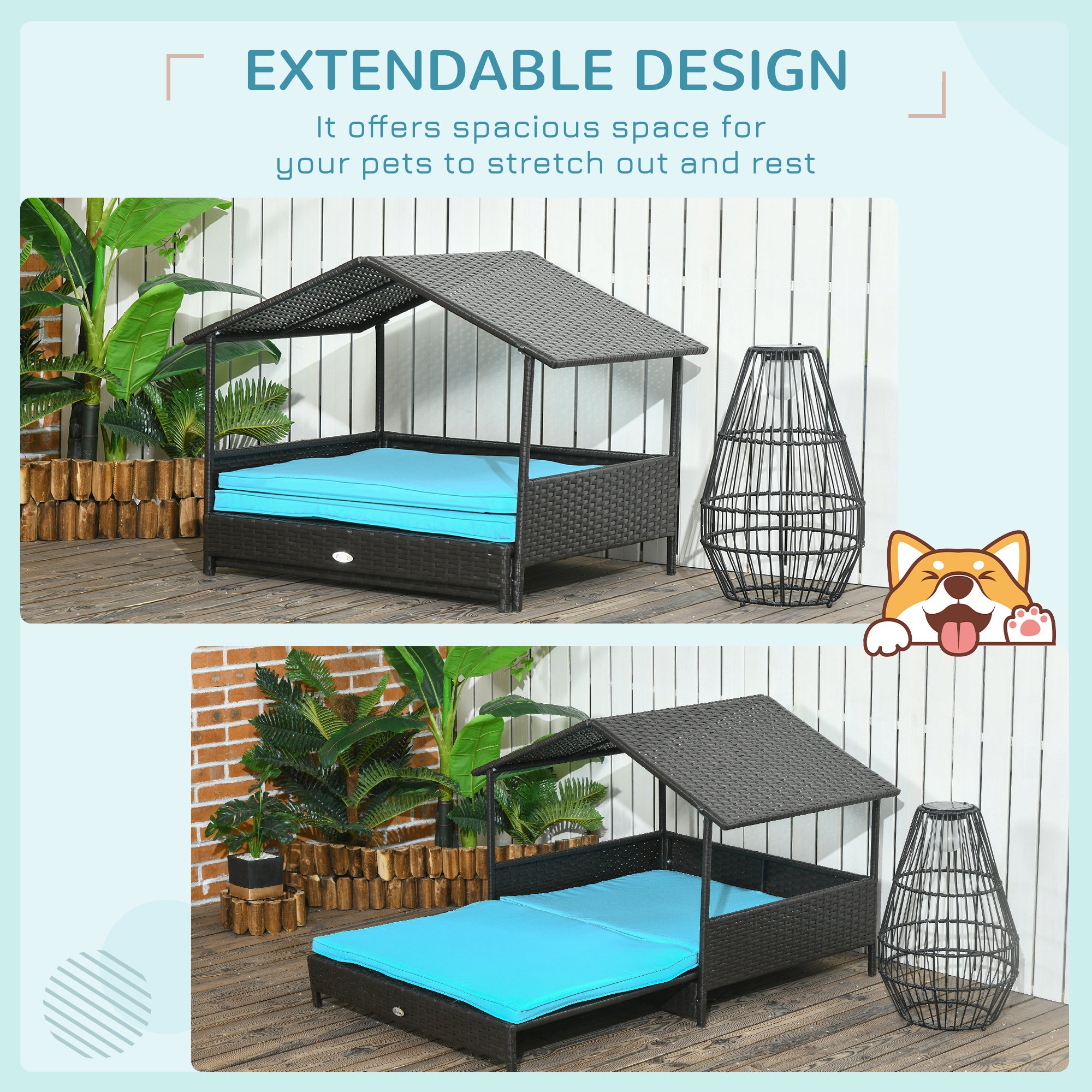 Elevated Rattan Dog House Outdoor with Canopy, Extendable Wicker Dog Bed with Water-Resistant Cushion, for Small and Medium Dogs Blue