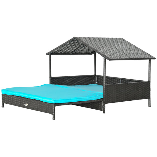 Elevated Rattan Dog House Outdoor with Canopy, Extendable Wicker Dog Bed with Water-Resistant Cushion, for Small and Medium Dogs Blue