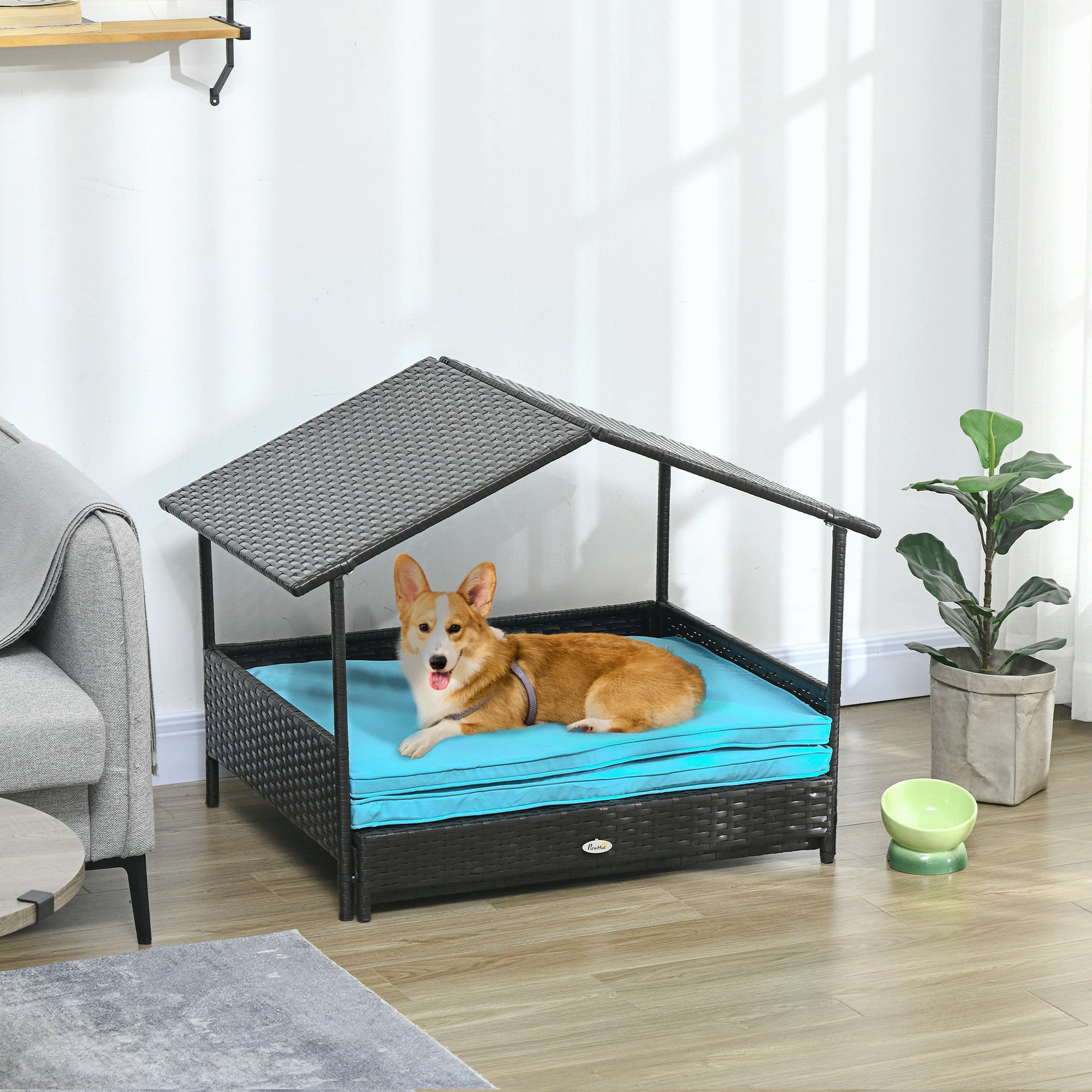 Elevated Rattan Dog House Outdoor with Canopy, Extendable Wicker Dog Bed with Water-Resistant Cushion, for Small and Medium Dogs Blue