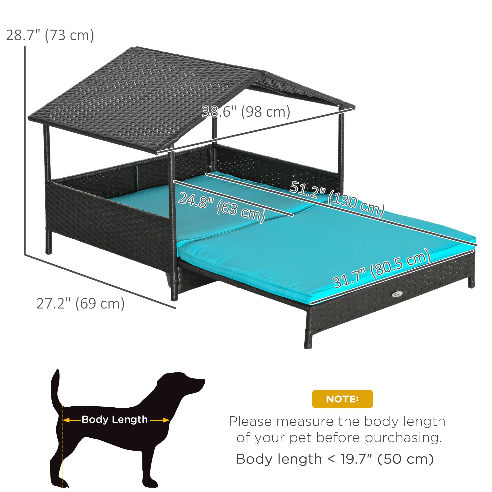 Elevated Rattan Dog House Outdoor with Canopy, Extendable Wicker Dog Bed with Water-Resistant Cushion, for Small and Medium Dogs Blue