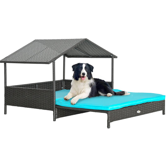 Elevated Rattan Dog House Outdoor with Canopy, Extendable Wicker Dog Bed with Water-Resistant Cushion, for Small and Medium Dogs Blue