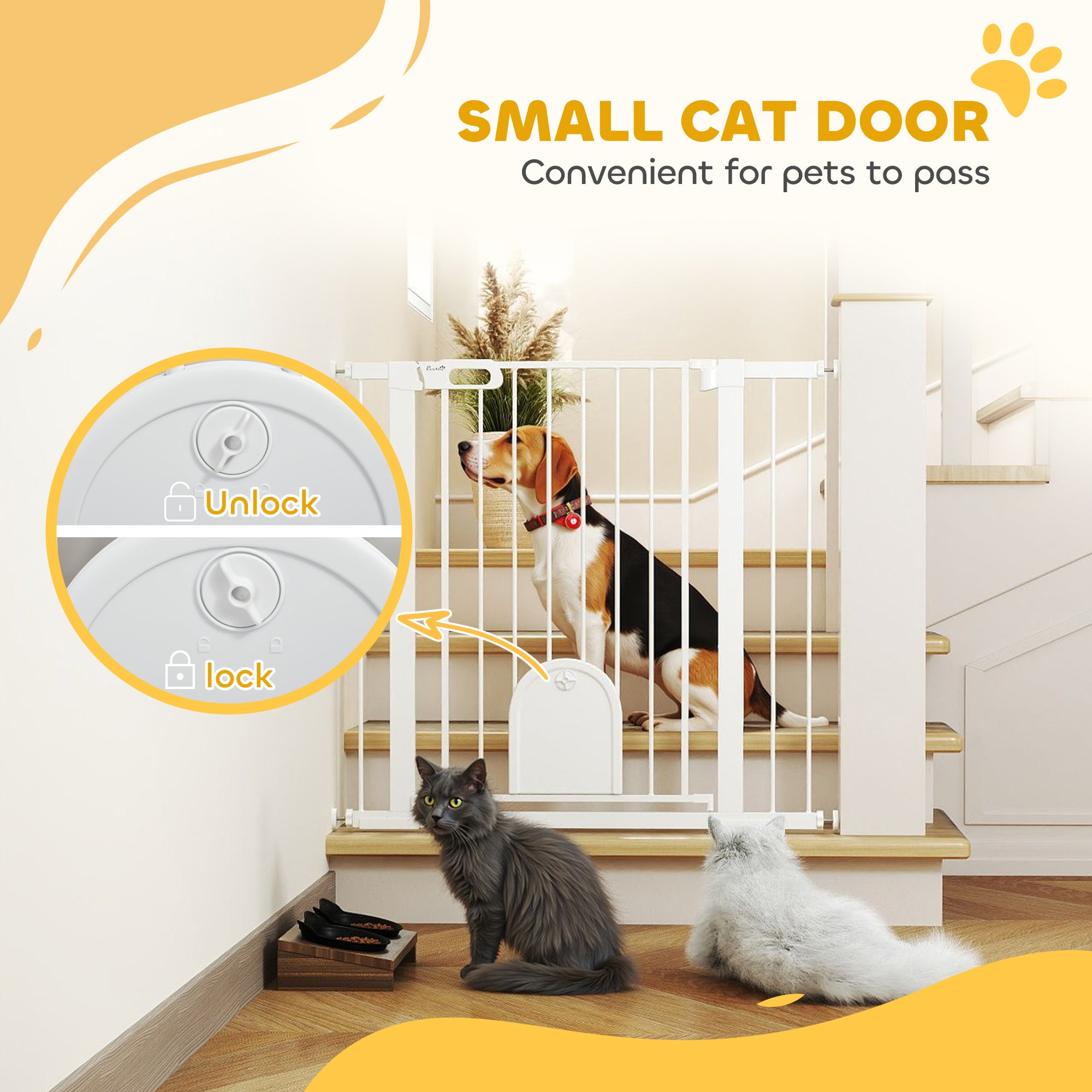 30"-41" Extra Wide Pet Gate with Small Door, 35"H Dog Gate with Safety Gate Barrier, Stair Pressure Fit, Auto Close, Double Locking, for Doorways, Hallways, White