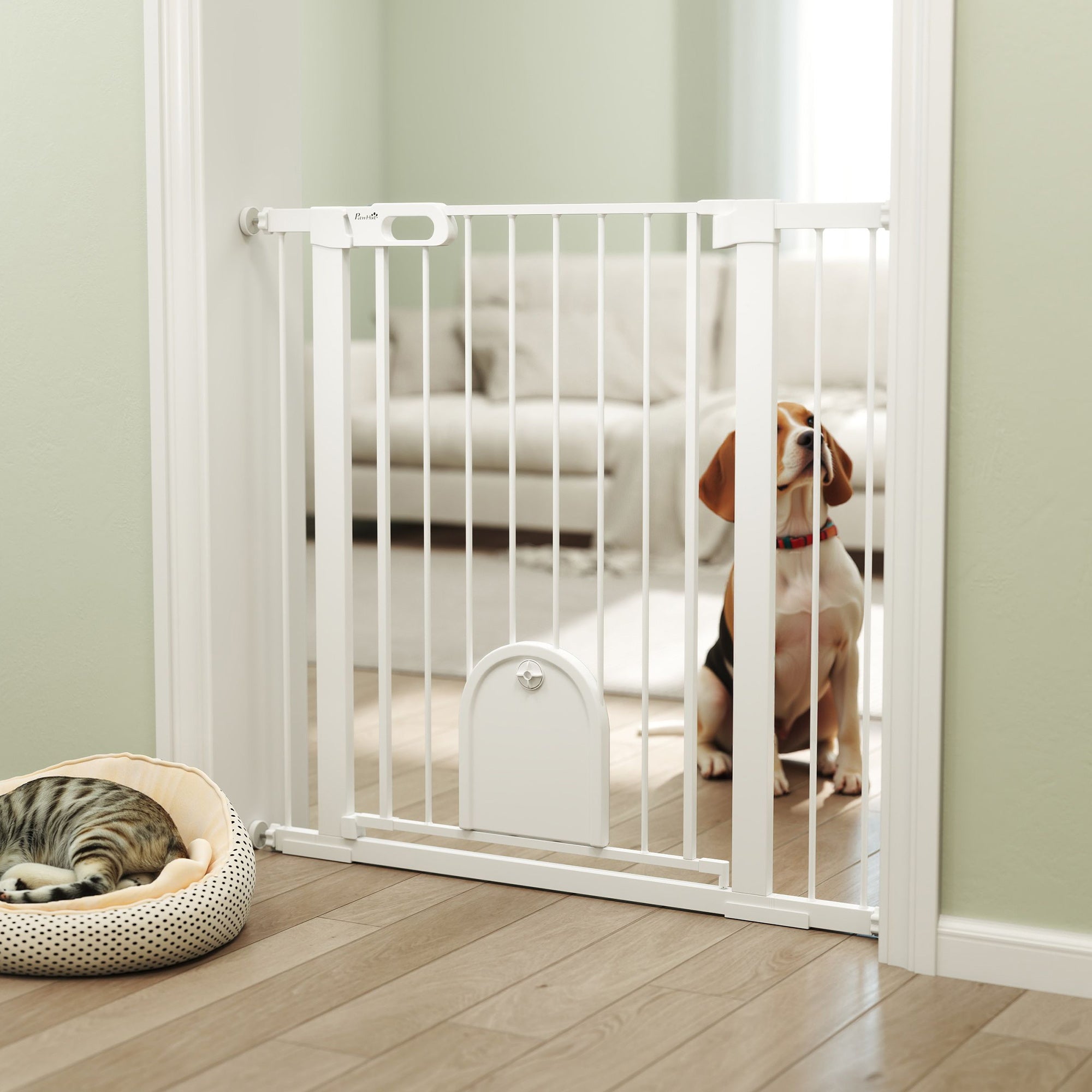 30"-41" Extra Wide Pet Gate with Small Door, 35"H Dog Gate with Safety Gate Barrier, Stair Pressure Fit, Auto Close, Double Locking, for Doorways, Hallways, White