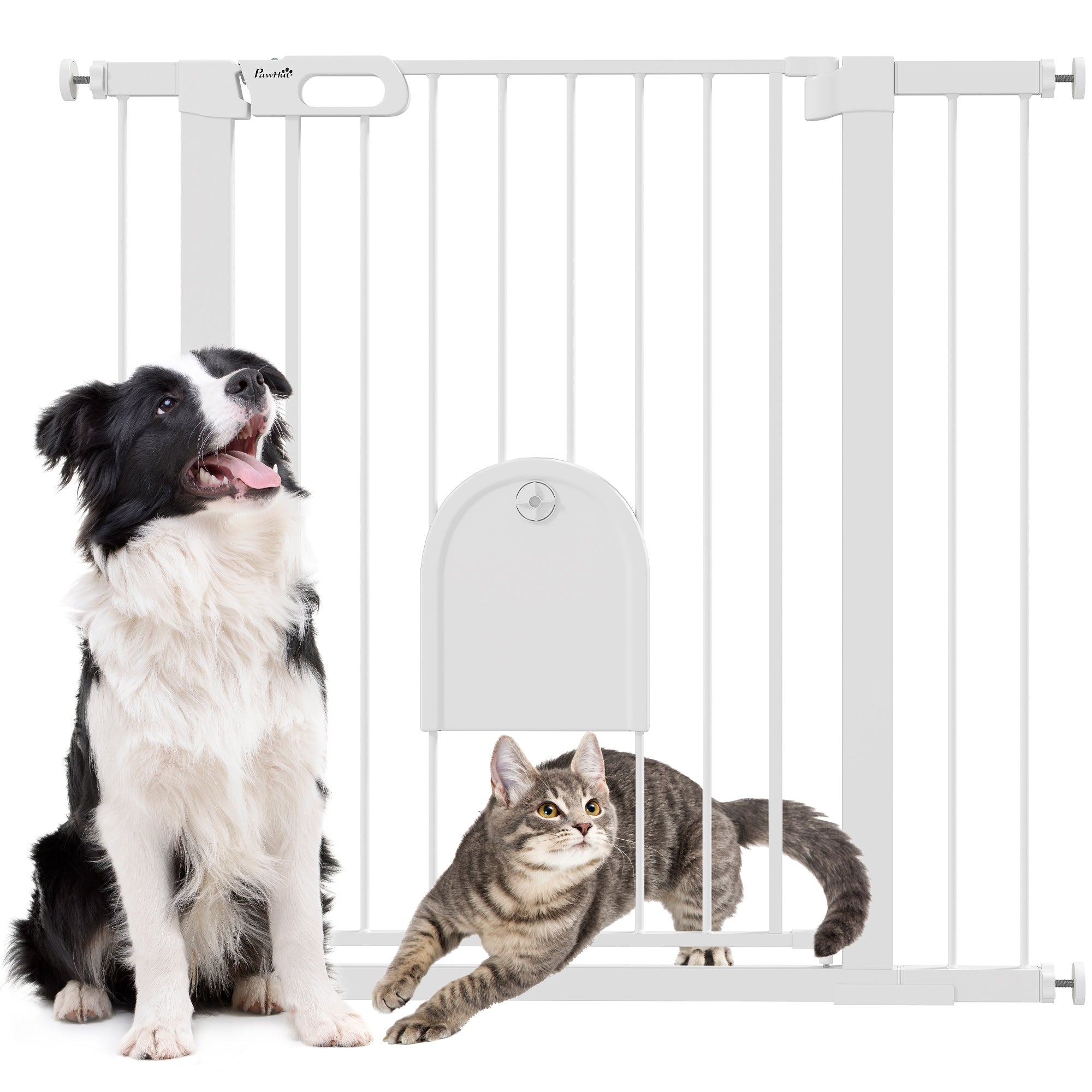 30"-41" Extra Wide Pet Gate with Small Door, 35"H Dog Gate with Safety Gate Barrier, Stair Pressure Fit, Auto Close, Double Locking, for Doorways, Hallways, White