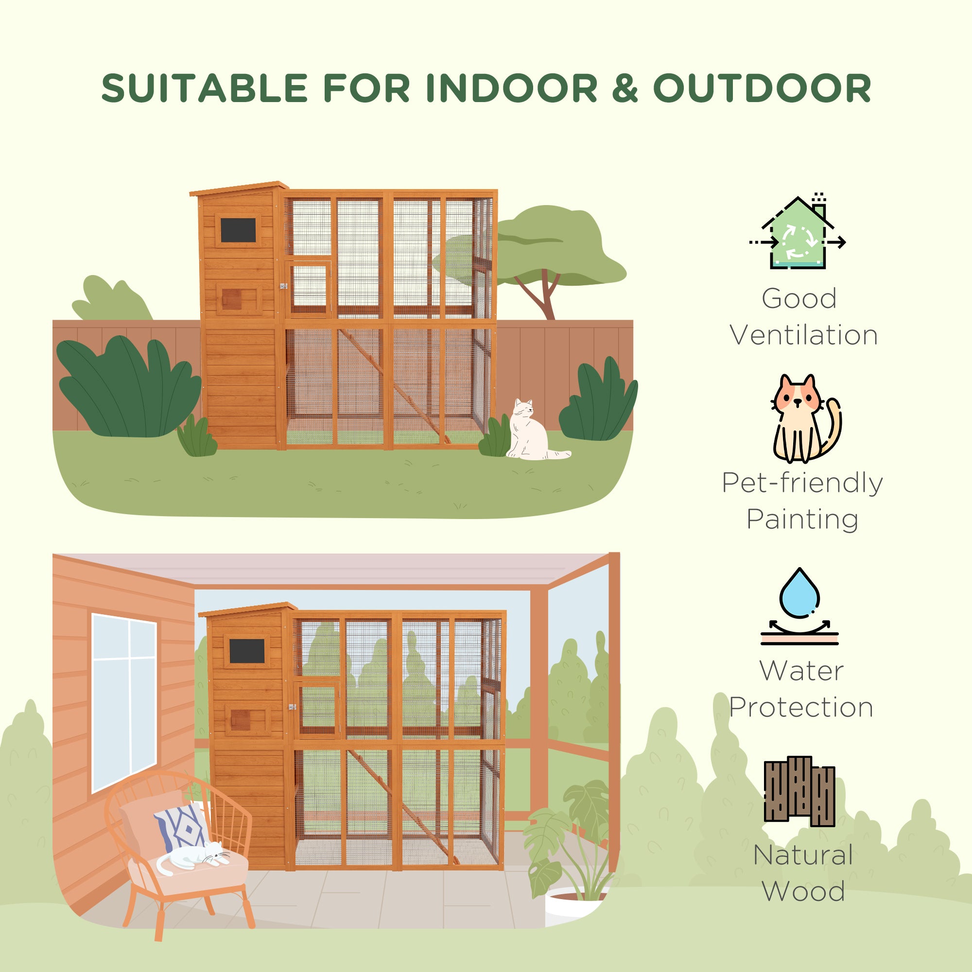Large Catio Outdoor Cat Enclosure Weatherproof Cat House with Cat Condo, Indoor Wooden Cat Cage Pet Kennel, 77"L x 38"W x 69"H, Orange
