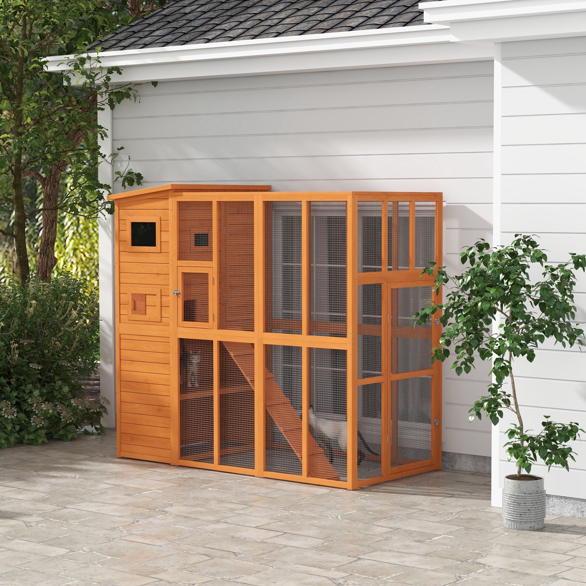 Large Catio Outdoor Cat Enclosure Weatherproof Cat House with Cat Condo, Indoor Wooden Cat Cage Pet Kennel, 77"L x 38"W x 69"H, Orange