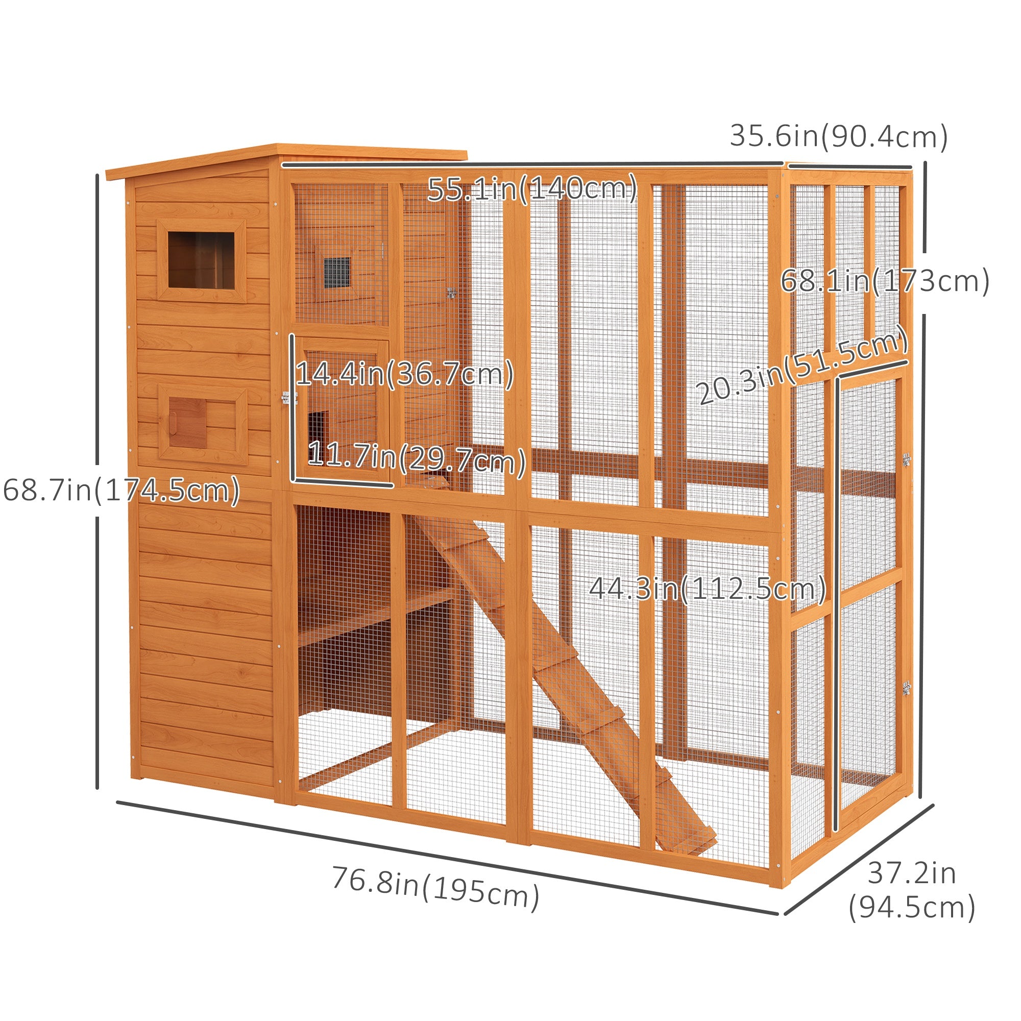 Large Catio Outdoor Cat Enclosure Weatherproof Cat House with Cat Condo, Indoor Wooden Cat Cage Pet Kennel, 77"L x 38"W x 69"H, Orange