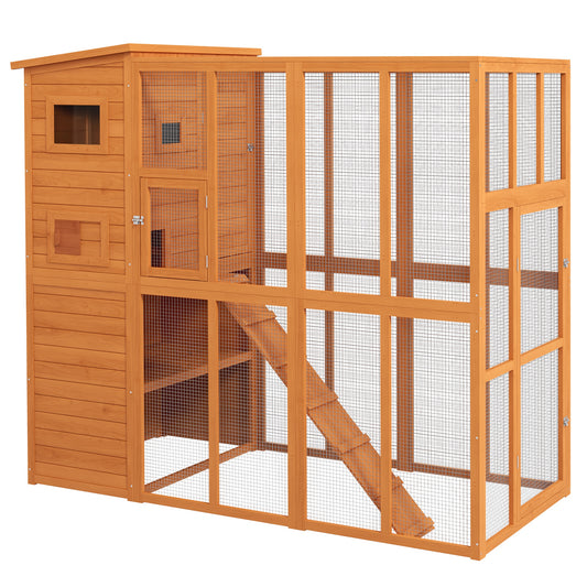 Large Catio Outdoor Cat Enclosure Weatherproof Cat House with Cat Condo, Indoor Wooden Cat Cage Pet Kennel, 77"L x 38"W x 69"H, Orange