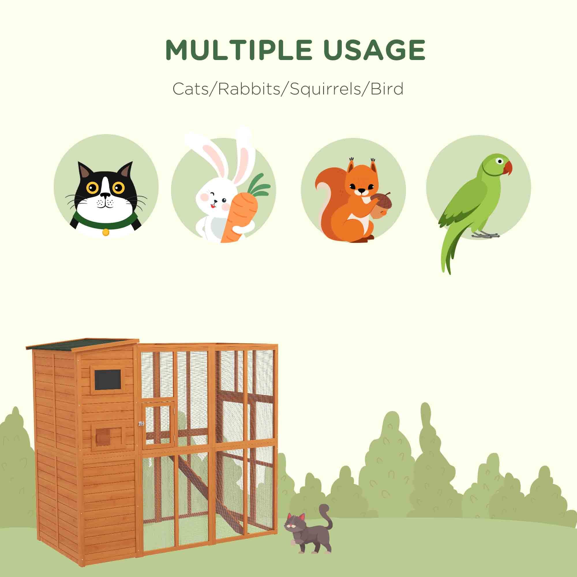 Large Catio Outdoor Cat Enclosure Weatherproof Cat House with Cat Condo, Indoor Wooden Cat Cage Pet Kennel, 77"L x 38"W x 69"H, Orange