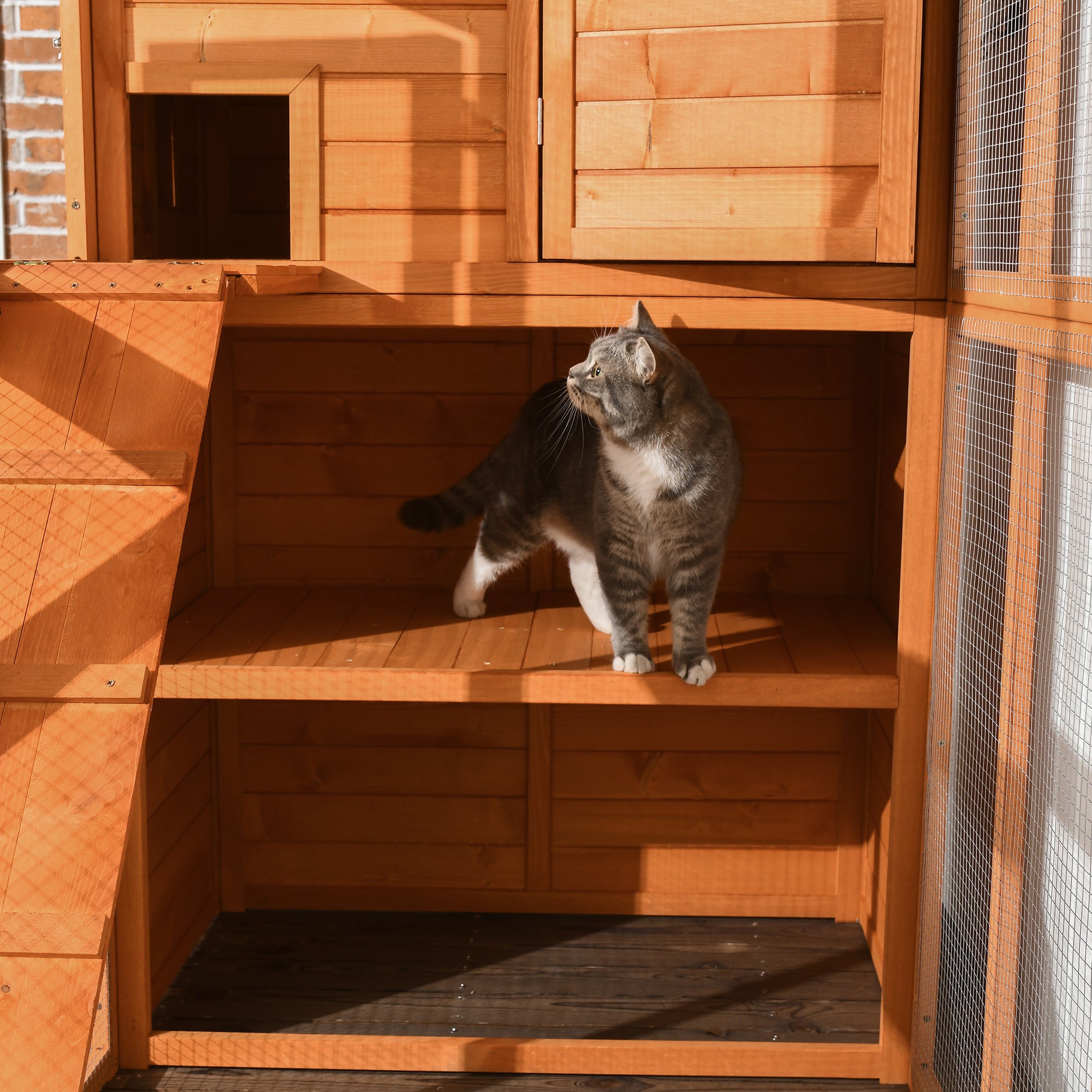 Large Catio Outdoor Cat Enclosure Weatherproof Cat House with Cat Condo, Indoor Wooden Cat Cage Pet Kennel, 77"L x 38"W x 69"H, Orange