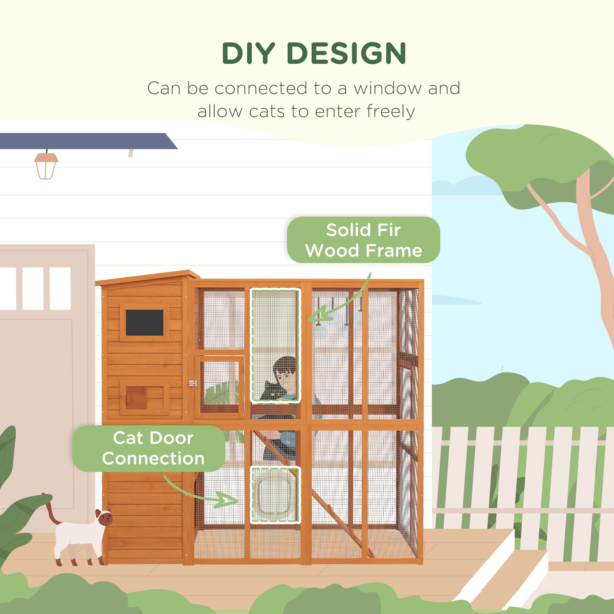 Large Catio Outdoor Cat Enclosure Weatherproof Cat House with Cat Condo, Indoor Wooden Cat Cage Pet Kennel, 77"L x 38"W x 69"H, Orange