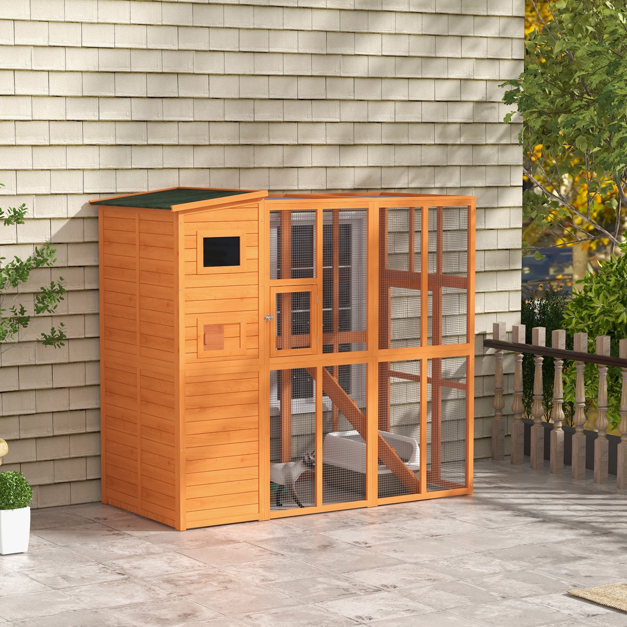 Large Catio Outdoor Cat Enclosure Weatherproof Cat House with Cat Condo, Indoor Wooden Cat Cage Pet Kennel, 77"L x 38"W x 69"H, Orange