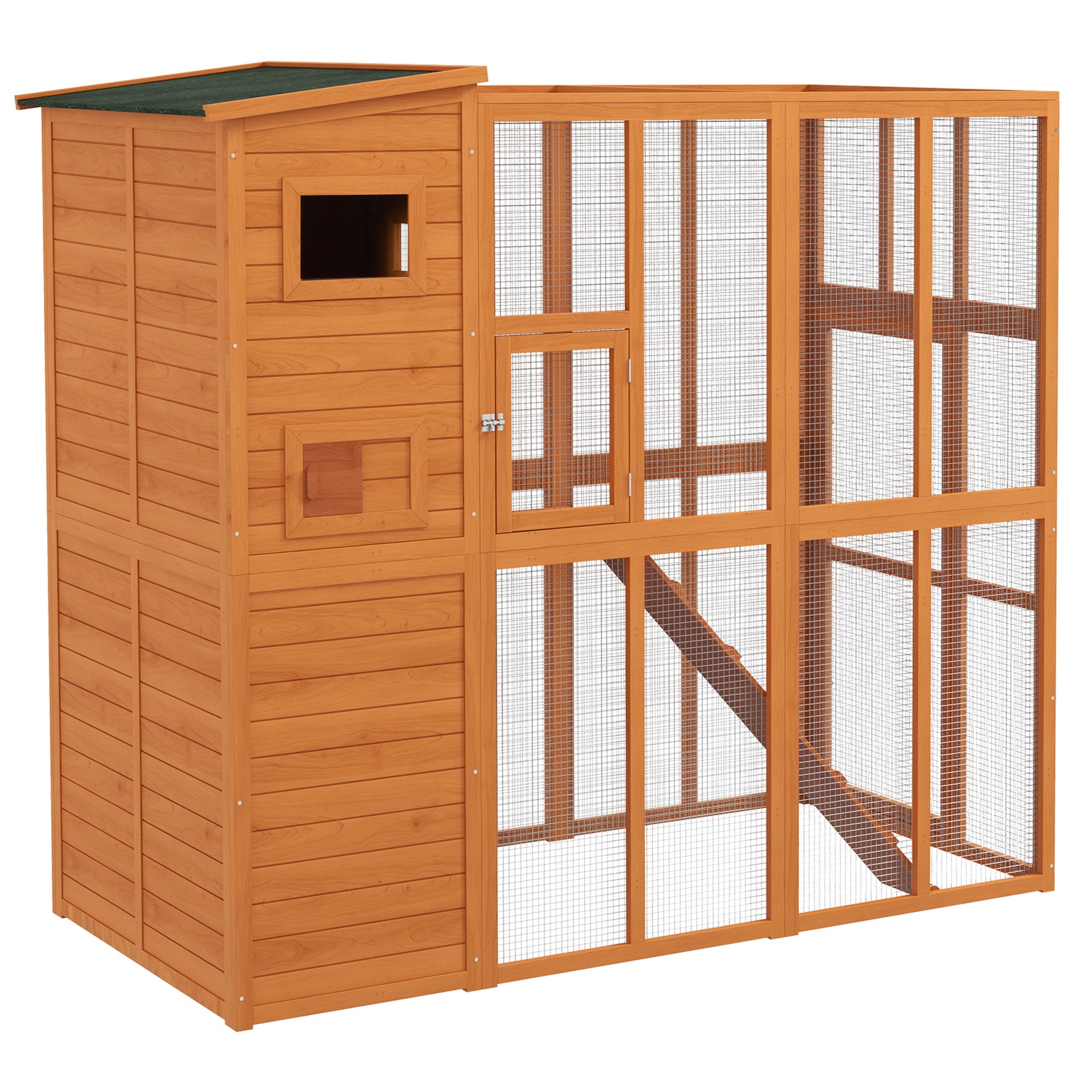 Large Catio Outdoor Cat Enclosure Weatherproof Cat House with Cat Condo, Indoor Wooden Cat Cage Pet Kennel, 77"L x 38"W x 69"H, Orange
