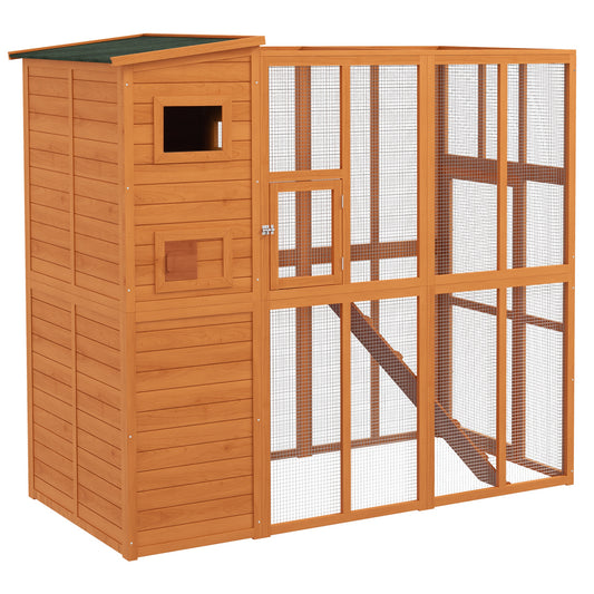 Large Catio Outdoor Cat Enclosure Weatherproof Cat House with Cat Condo, Indoor Wooden Cat Cage Pet Kennel, 77"L x 38"W x 69"H, Orange