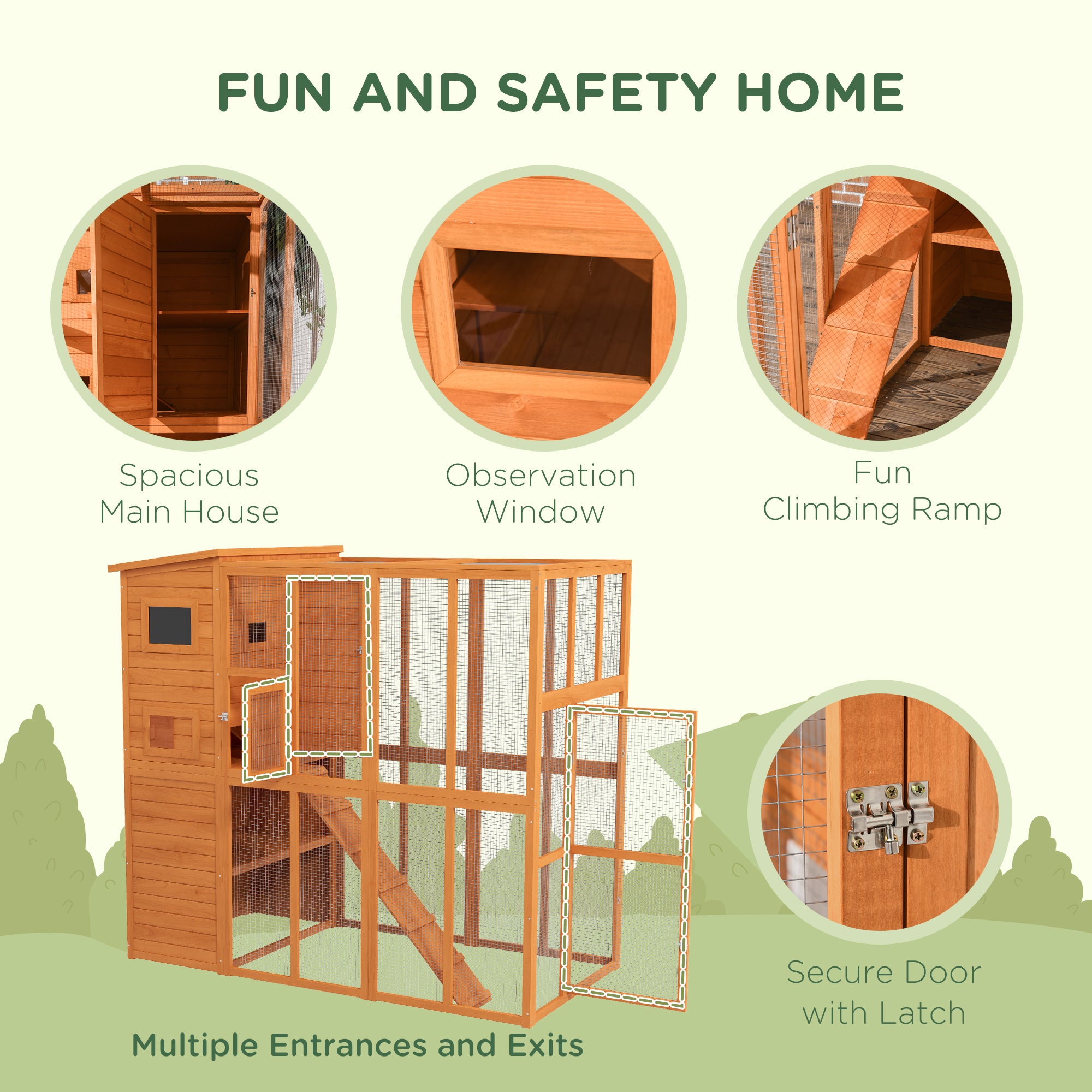 Large Catio Outdoor Cat Enclosure Weatherproof Cat House with Cat Condo, Indoor Wooden Cat Cage Pet Kennel, 77"L x 38"W x 69"H, Orange