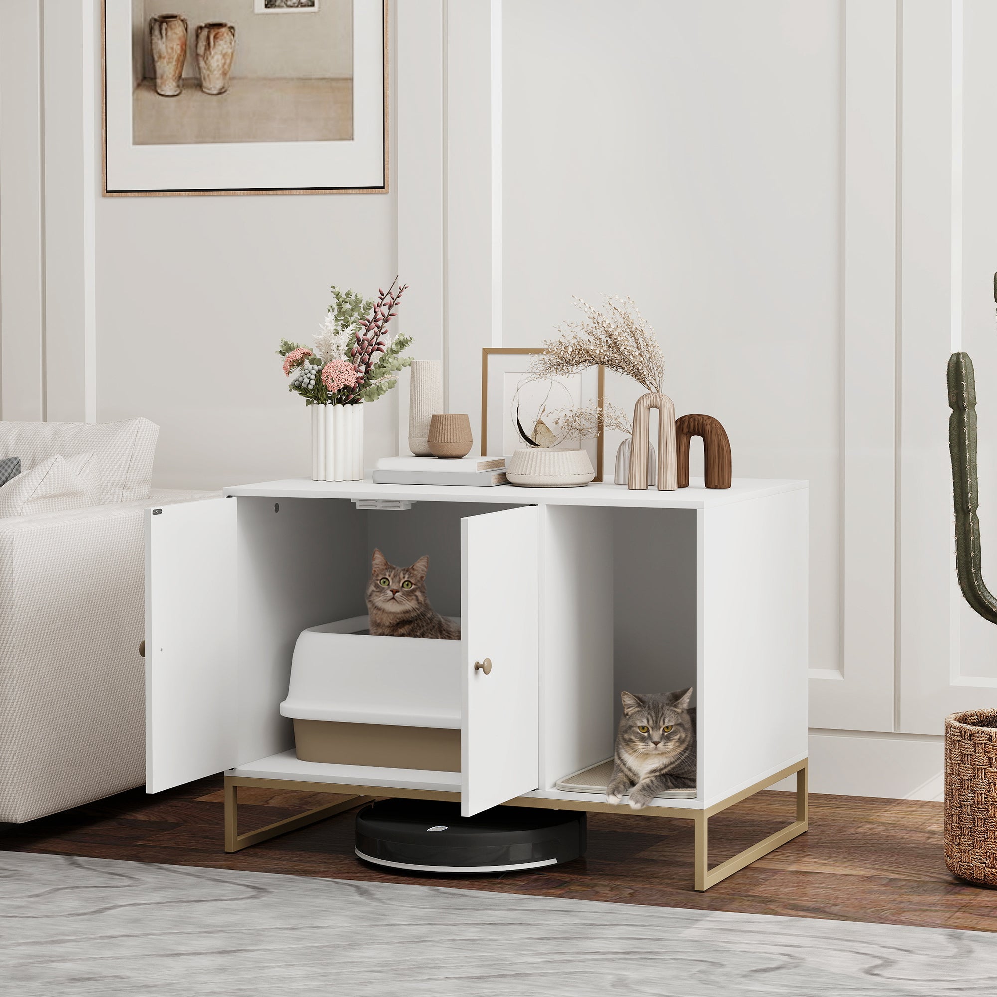 Cat Litter Box Enclosure, Hidden Litter Box Furniture with Litter Mat, Tall Legs, Cat House Washroom, Side Table, 31.5" x 20" x 22", White