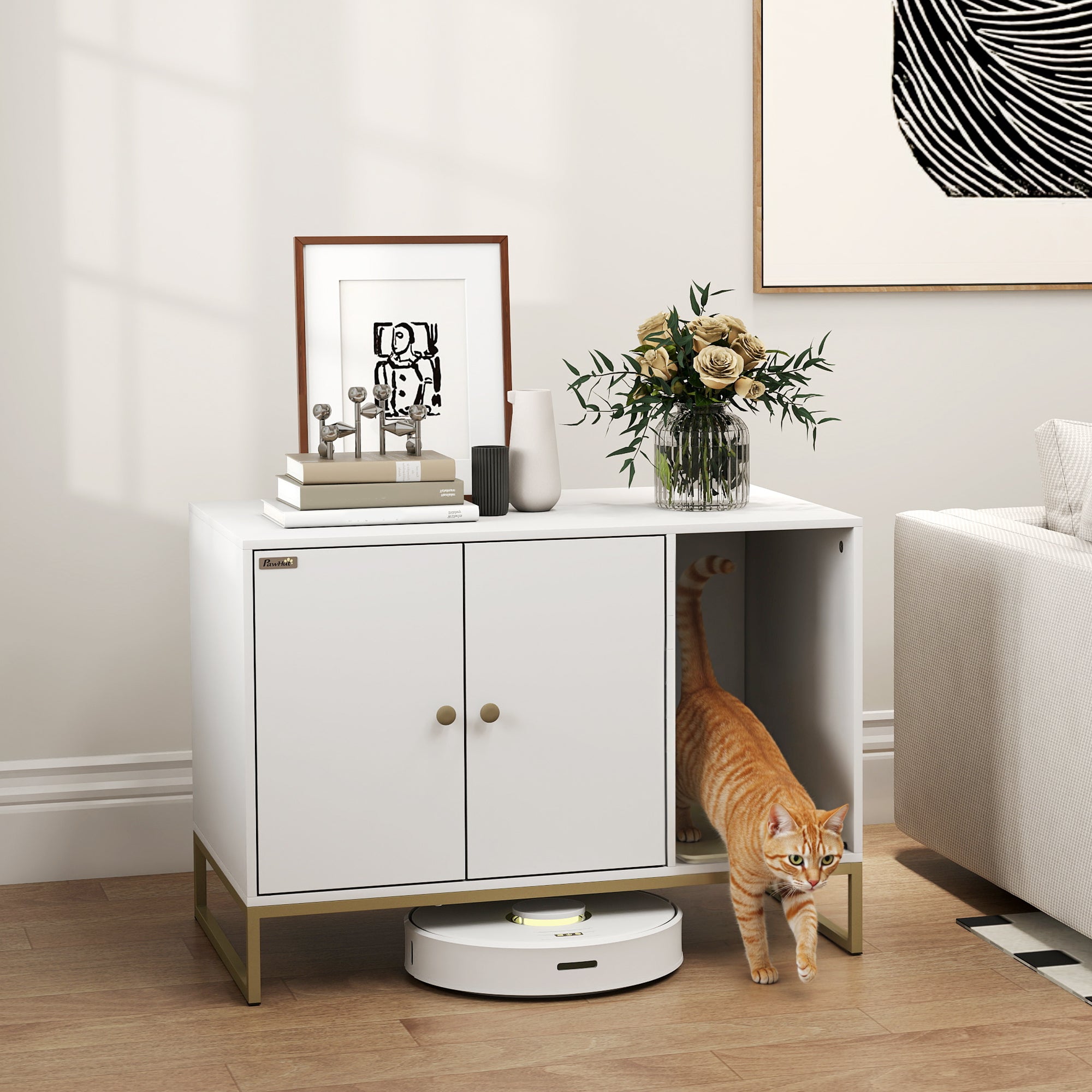 Cat Litter Box Enclosure, Hidden Litter Box Furniture with Litter Mat, Tall Legs, Cat House Washroom, Side Table, 31.5" x 20" x 22", White