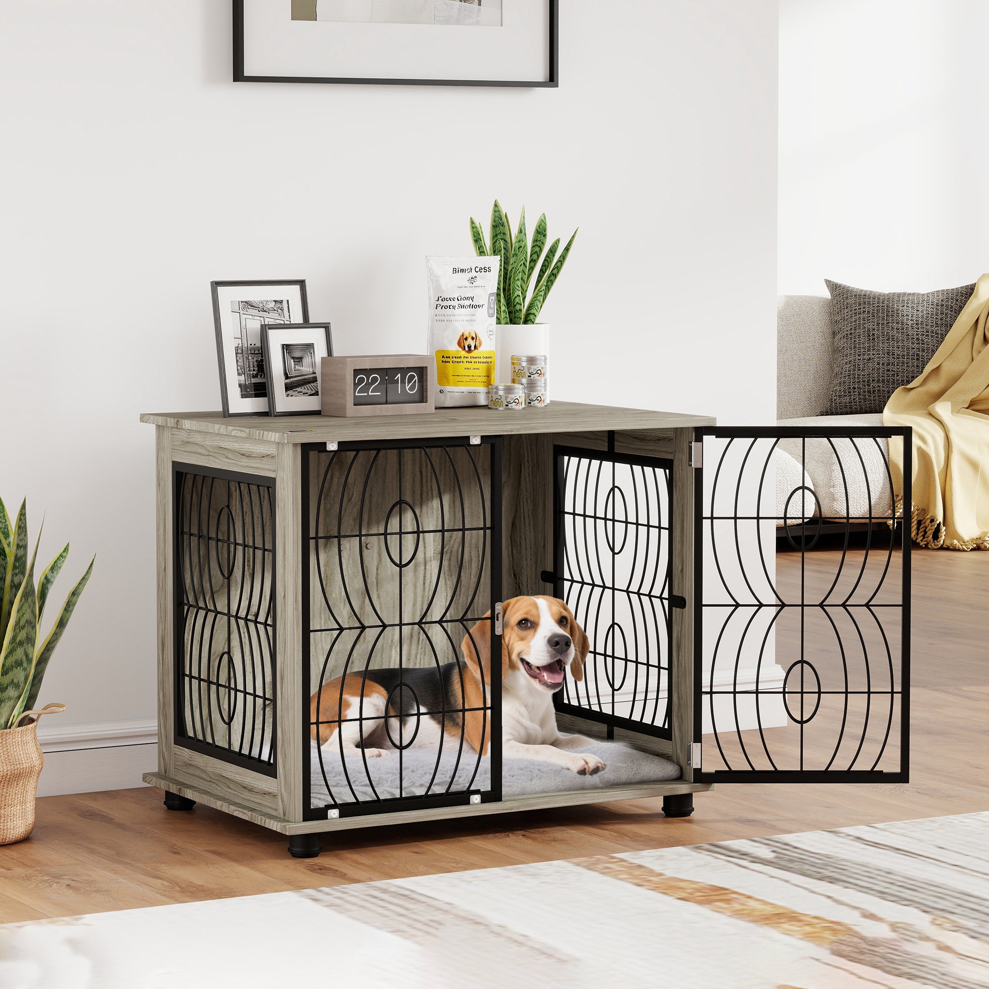Dog Crate Furniture, Dog Cage End Table with Large Top, Soft Washable Cushion, Lockable Front Door, Wire Mesh Ventilation, Indoor Pet Crate for Medium Sized, 80 x 56 x 63cm - Grey
