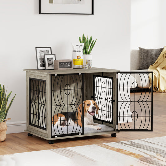 Dog Crate Furniture, Dog Cage End Table with Large Top, Soft Washable Cushion, Lockable Front Door, Wire Mesh Ventilation, Indoor Pet Crate for Medium Sized, 80 x 56 x 63cm - Grey