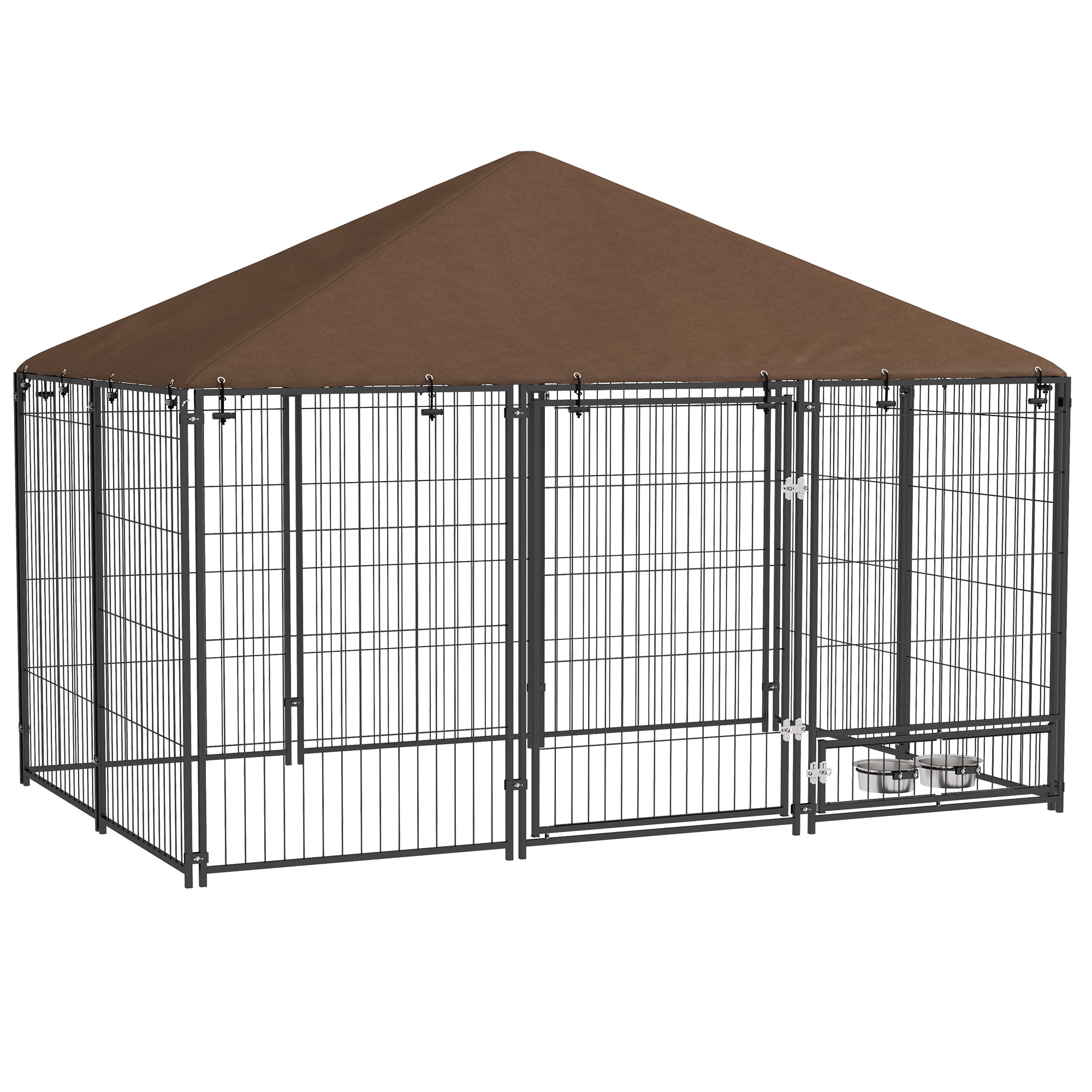 Outside Dog Kennel, 6.9' x 4.6' x 5' Puppy Play Pen with Canopy, Garden Playpen Fence Crate Enclosure Cage Rotating Bowl, for Dogs, Chickens, Ducks, Black