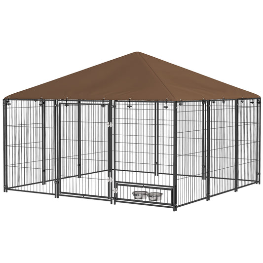 Outside Dog Kennel, 6.9' x 4.6' x 5' Puppy Play Pen with Canopy, Garden Playpen Fence Crate Enclosure Cage Rotating Bowl, for Dogs, Chickens, Ducks, Black
