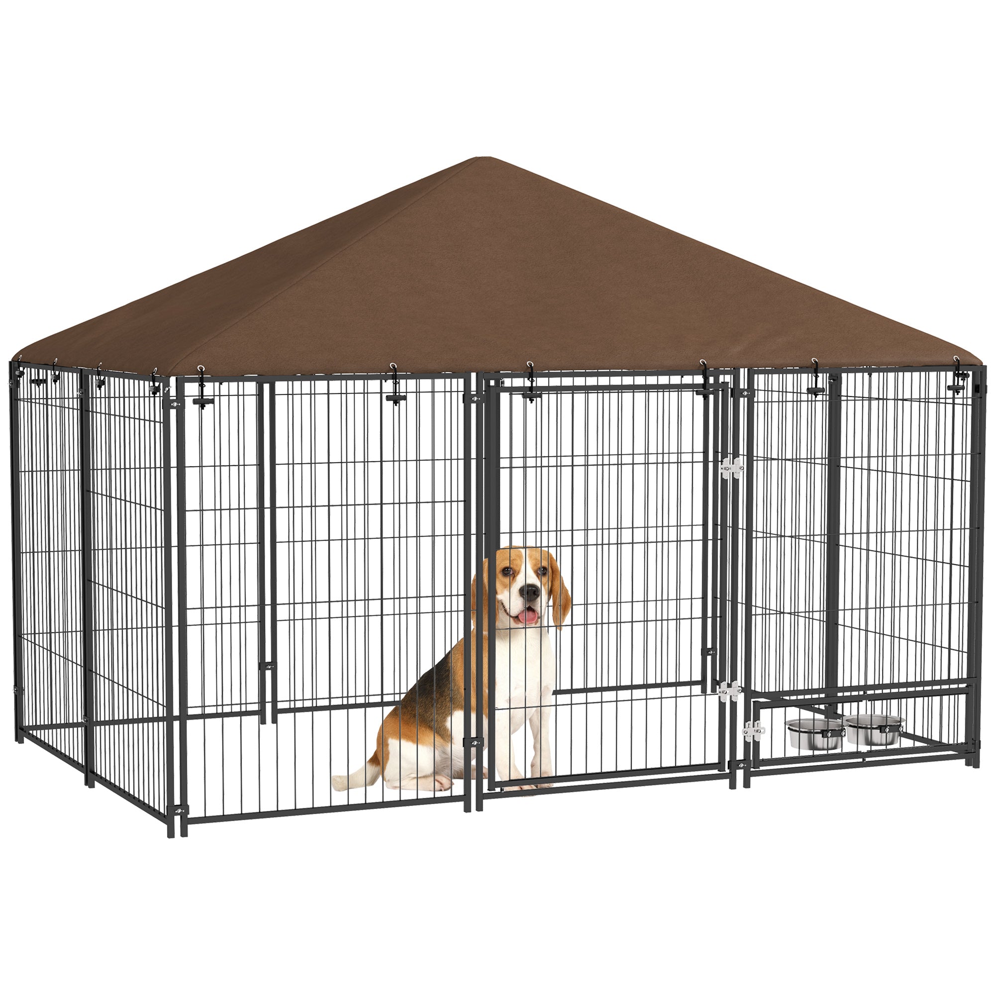 Outside Dog Kennel, 6.9' x 4.6' x 5' Puppy Play Pen with Canopy, Garden Playpen Fence Crate Enclosure Cage Rotating Bowl, for Dogs, Chickens, Ducks, Black