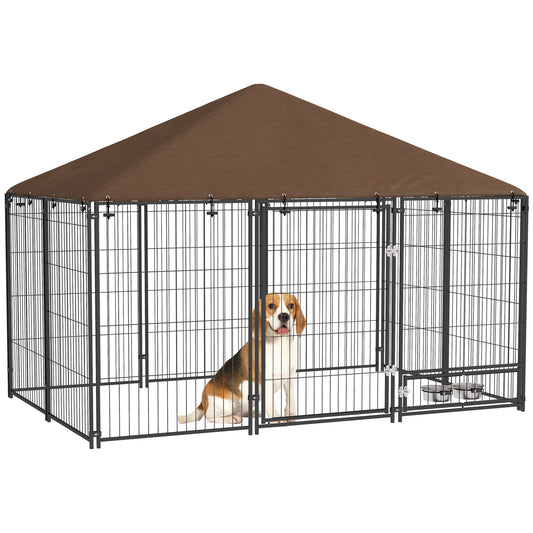 Outside Dog Kennel, 6.9' x 4.6' x 5' Puppy Play Pen with Canopy, Garden Playpen Fence Crate Enclosure Cage Rotating Bowl, for Dogs, Chickens, Ducks, Black