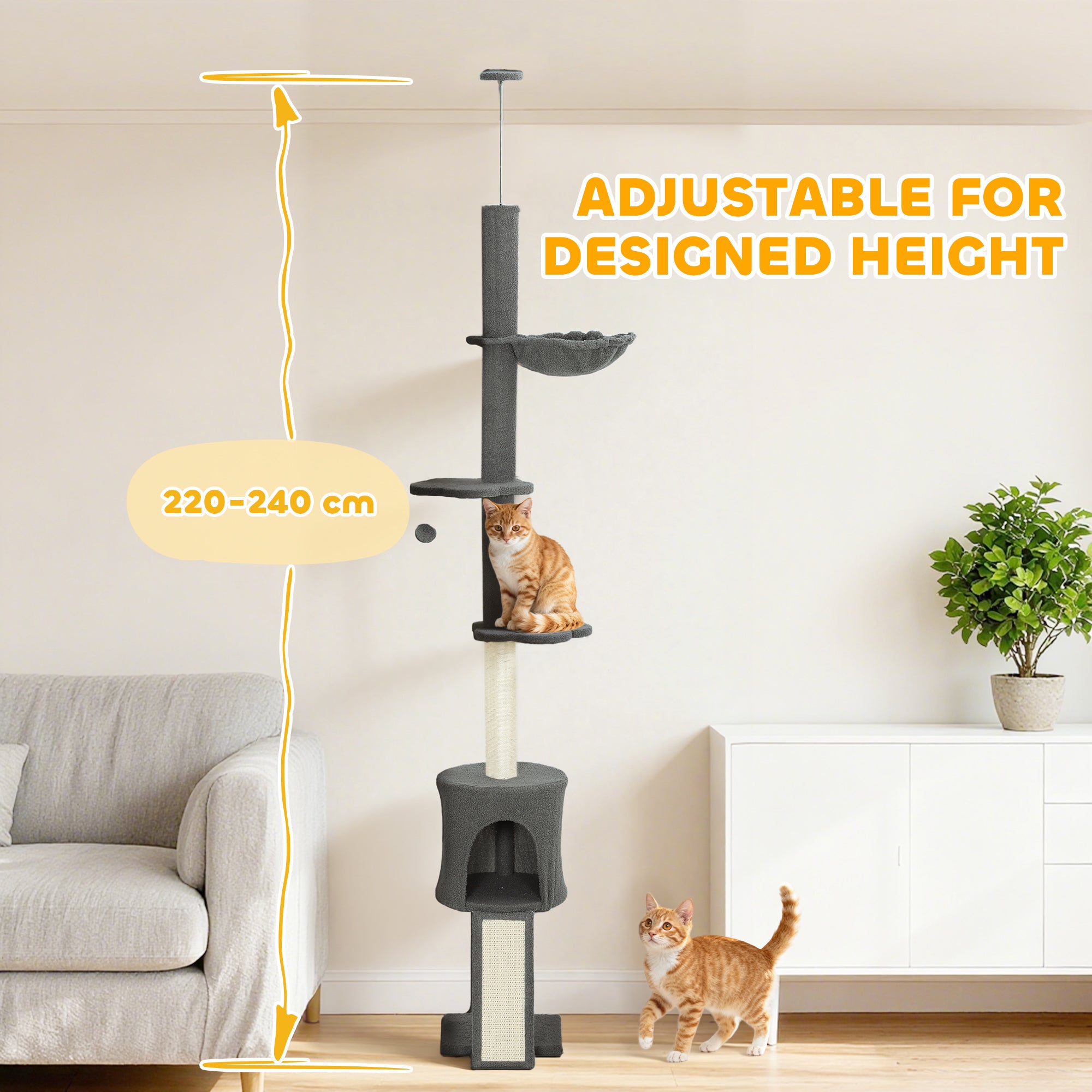 Floor to Ceiling Cat Tree, 5-Tier Cat Tower Adjustable Height 87"-94.5" with Sisal Scratching Post, Condo, Hammock, Ramp, Perches, Climbing Activity Center for Indoor Kitten