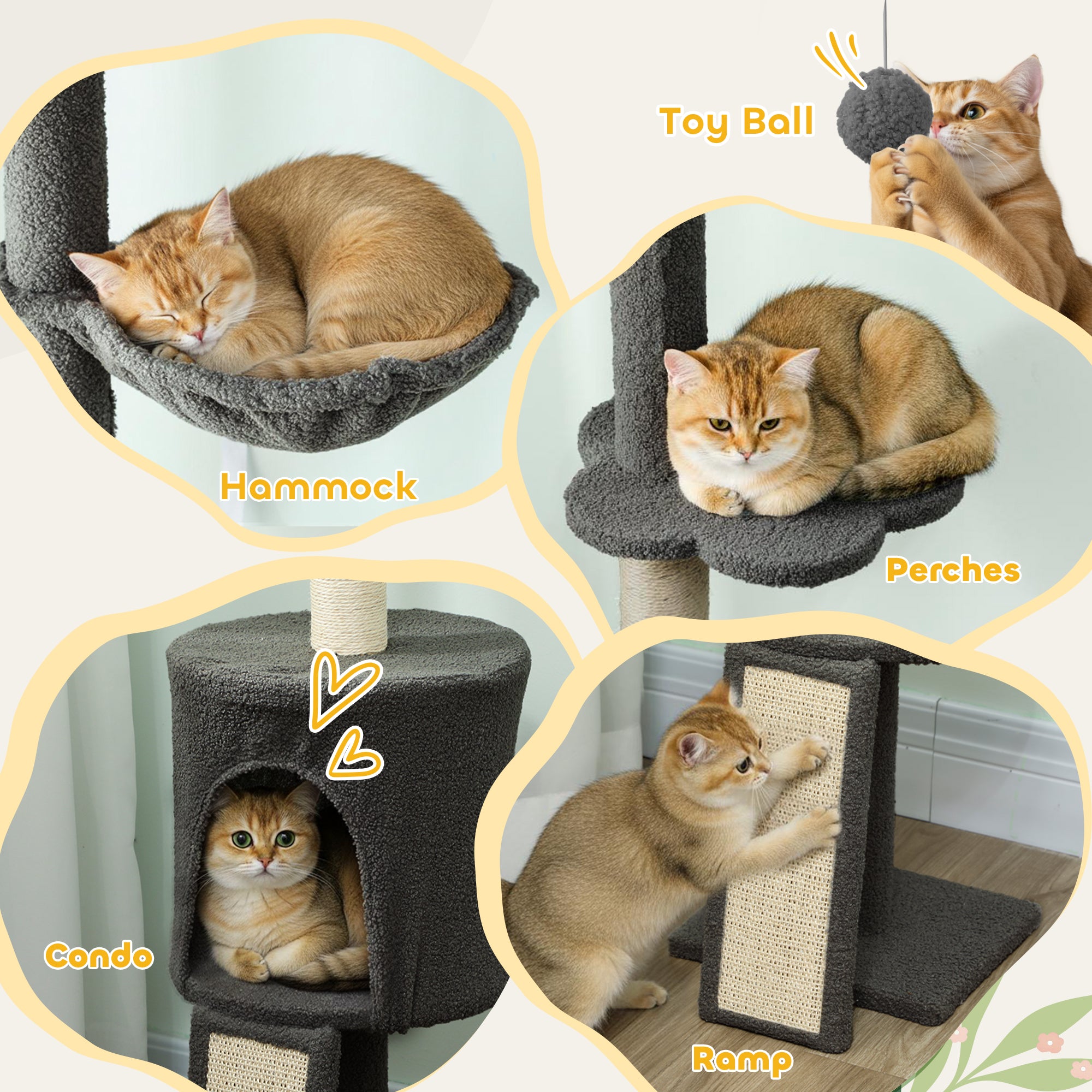 Floor to Ceiling Cat Tree, 5-Tier Cat Tower Adjustable Height 87"-94.5" with Sisal Scratching Post, Condo, Hammock, Ramp, Perches, Climbing Activity Center for Indoor Kitten