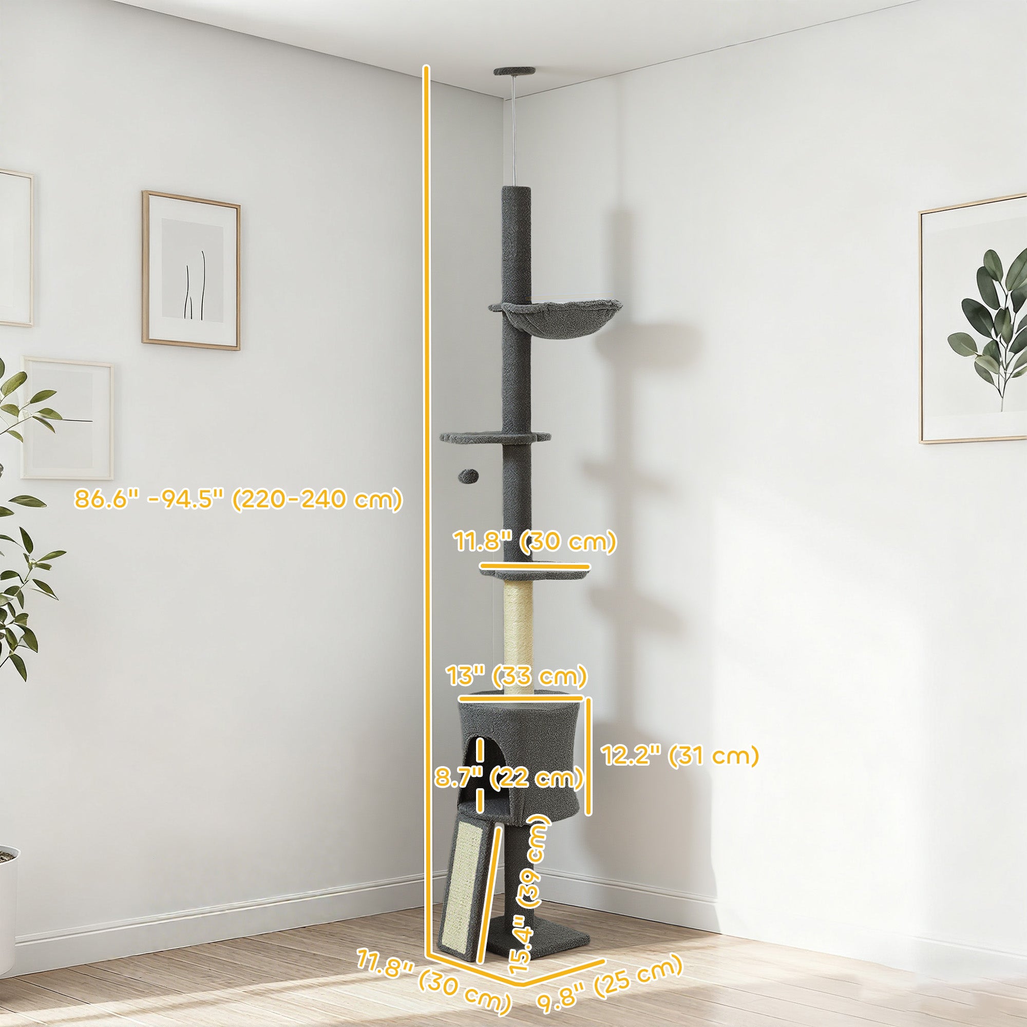 Floor to Ceiling Cat Tree, 5-Tier Cat Tower Adjustable Height 87"-94.5" with Sisal Scratching Post, Condo, Hammock, Ramp, Perches, Climbing Activity Center for Indoor Kitten