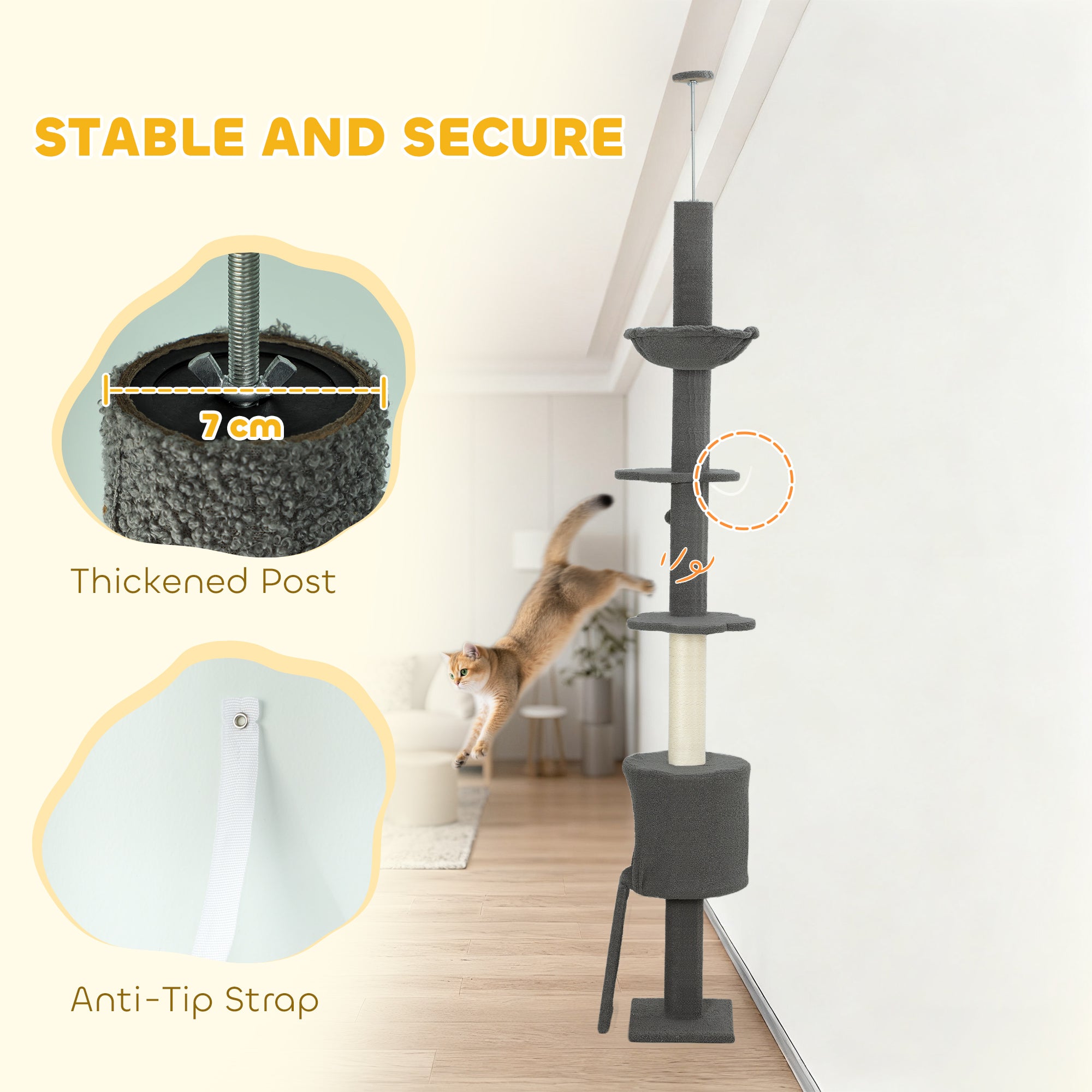 Floor to Ceiling Cat Tree, 5-Tier Cat Tower Adjustable Height 87"-94.5" with Sisal Scratching Post, Condo, Hammock, Ramp, Perches, Climbing Activity Center for Indoor Kitten