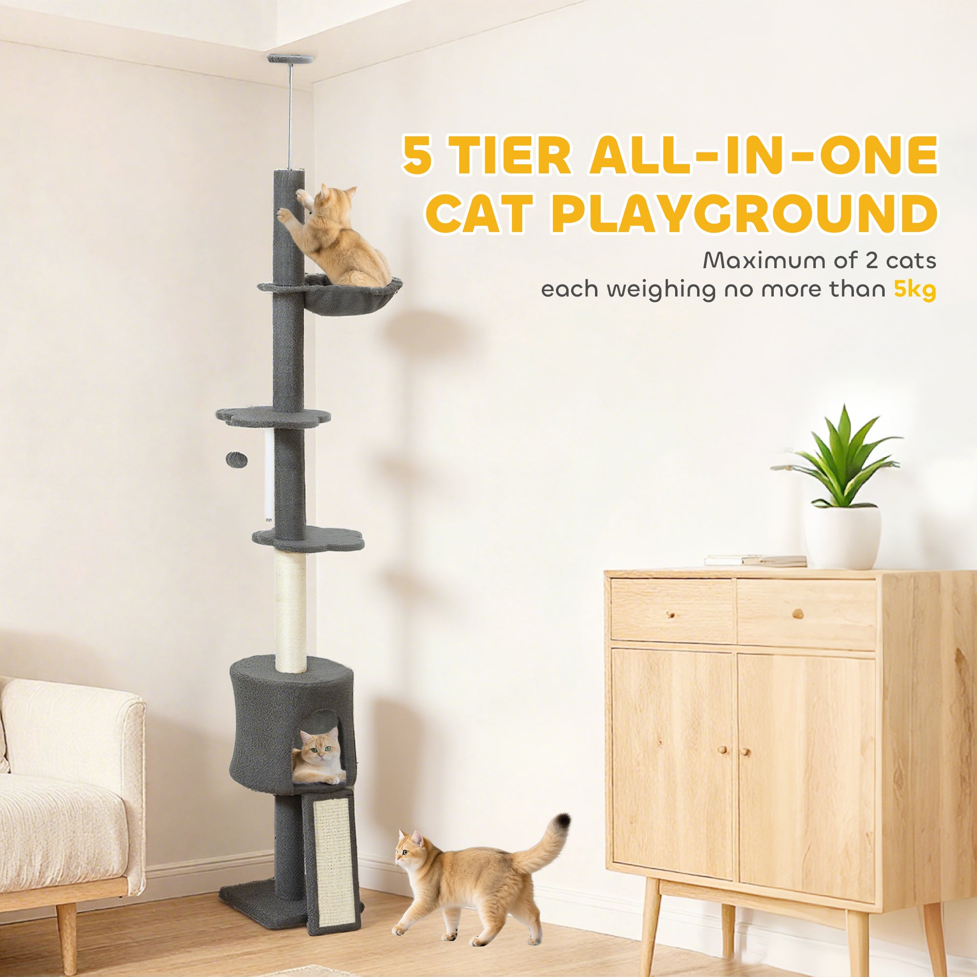 Floor to Ceiling Cat Tree, 5-Tier Cat Tower Adjustable Height 87"-94.5" with Sisal Scratching Post, Condo, Hammock, Ramp, Perches, Climbing Activity Center for Indoor Kitten