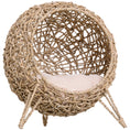 Load image into Gallery viewer, Wicker Cat House, Rattan Elevated Cat Bed with Three Tripod Legs, Ball-Shaped Cat Basket with Cushion - Natural Wood Finish
