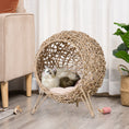 Load image into Gallery viewer, Wicker Cat House, Rattan Elevated Cat Bed with Three Tripod Legs, Ball-Shaped Cat Basket with Cushion - Natural Wood Finish
