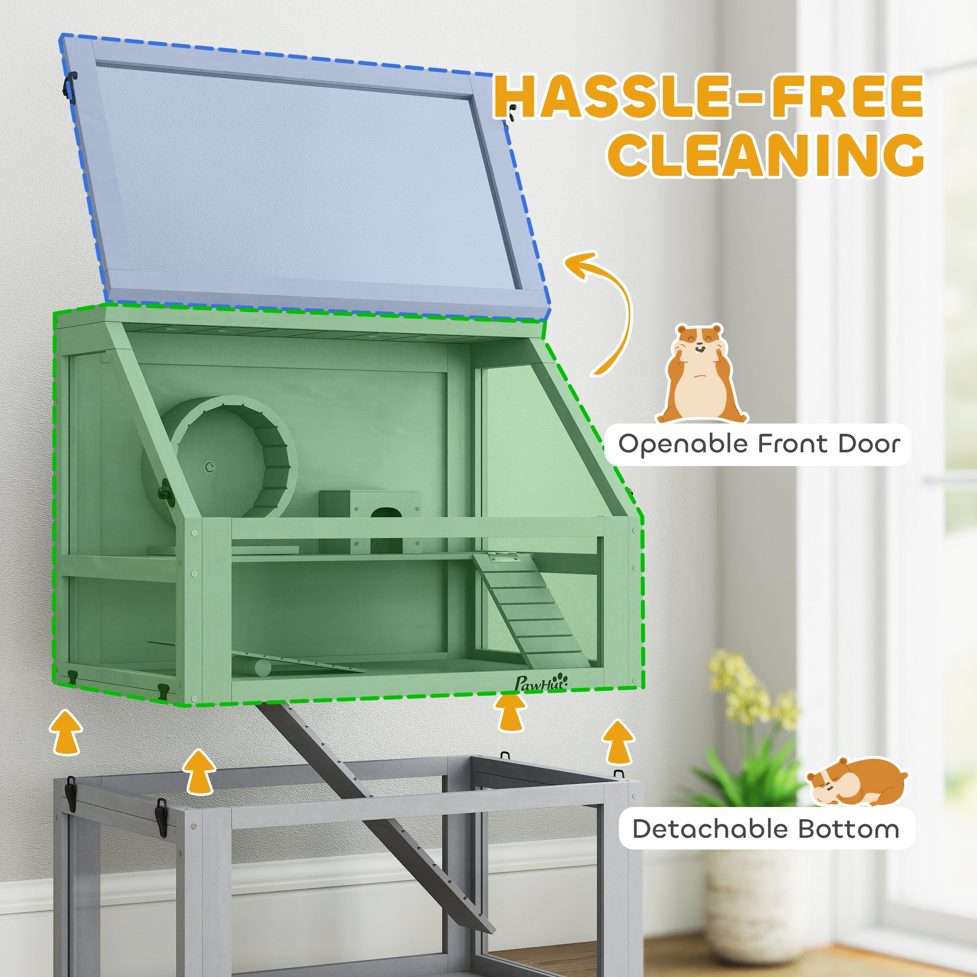 Wooden Hamster Cage, 3 Tier Small Animal Cage with Detachable 12.6" Deep Bottom, Hut, Seesaw, Exercise Wheel, Ramps, Hamster Habitat for Dwarf, Gerbil, 24" x 16" x 29.5"