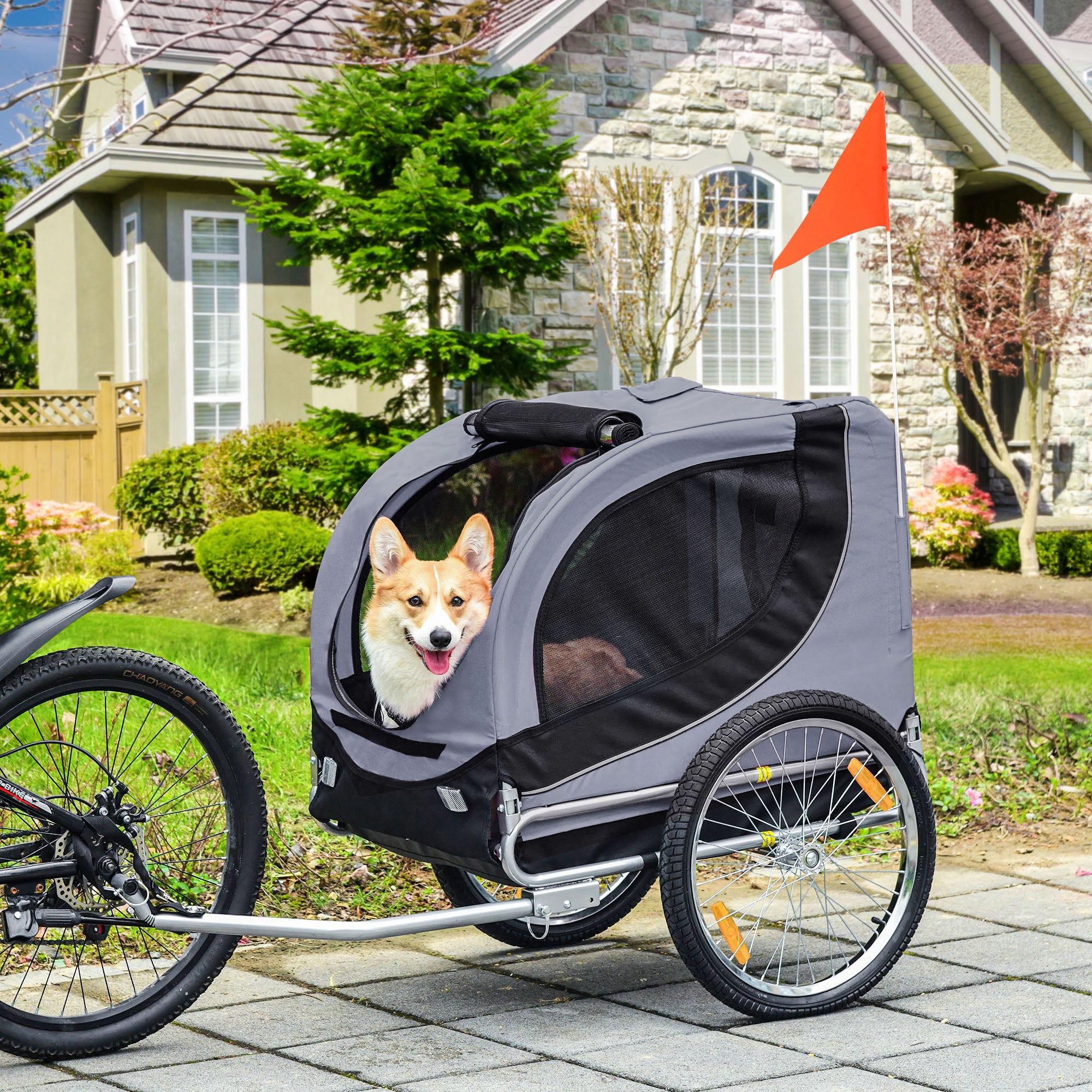 Dog Bike Trailer, Pet Cart, Bicycle Wagon, Travel Cargo, Carrier Attachment with Hitch, Foldable for Travelling, Grey