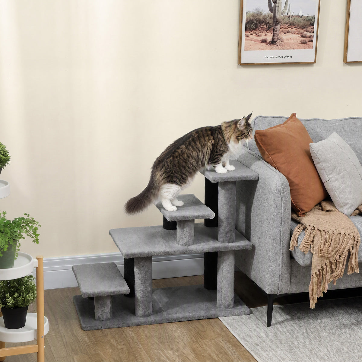 Pet Stairs, Cat Stairs with 2/3/4-Step Flexible Setup for Bed, Sofa, Pet Steps with Scratching Posts for Indoor Cats/Dogs to Climb High Bed and Couch, Gray