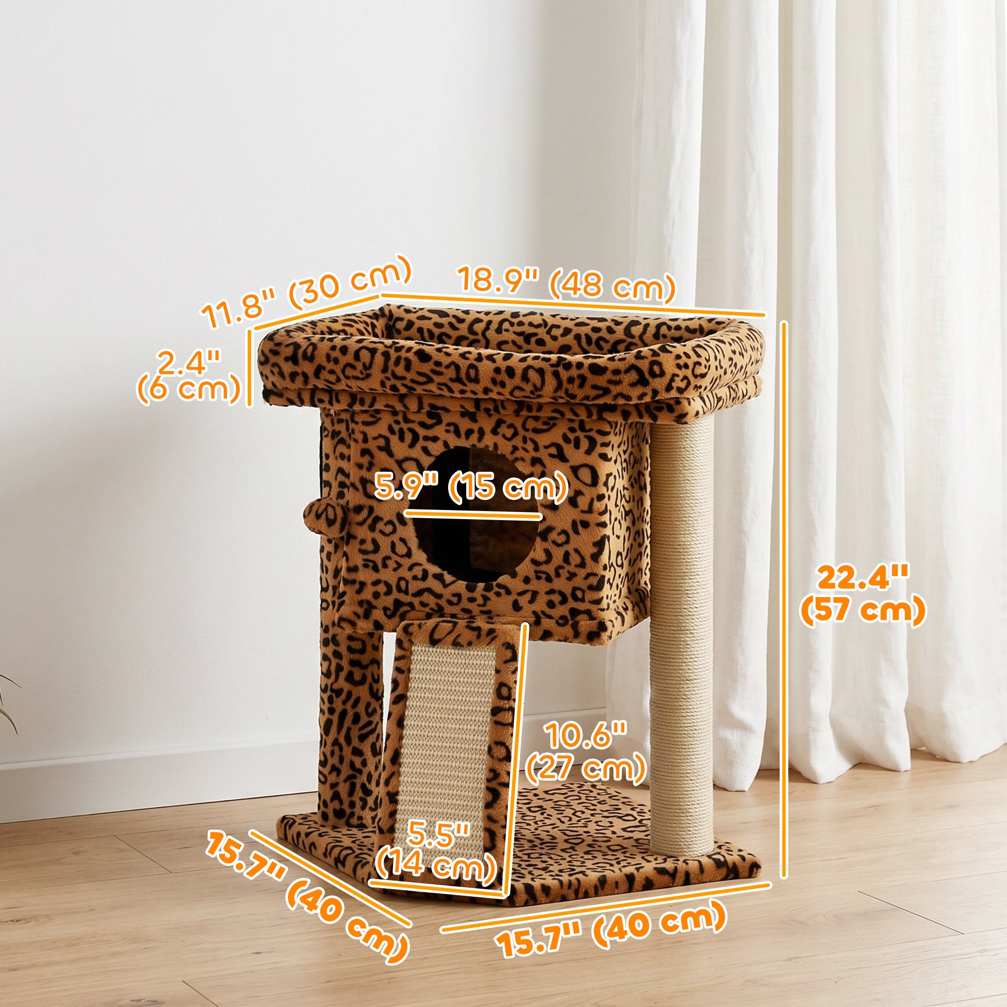 Cat Tree, Small Cat Tower with Perch, Scratching Post, Pet Condo, Toy Ball for Kitty, Indoor Use, Leopard Print
