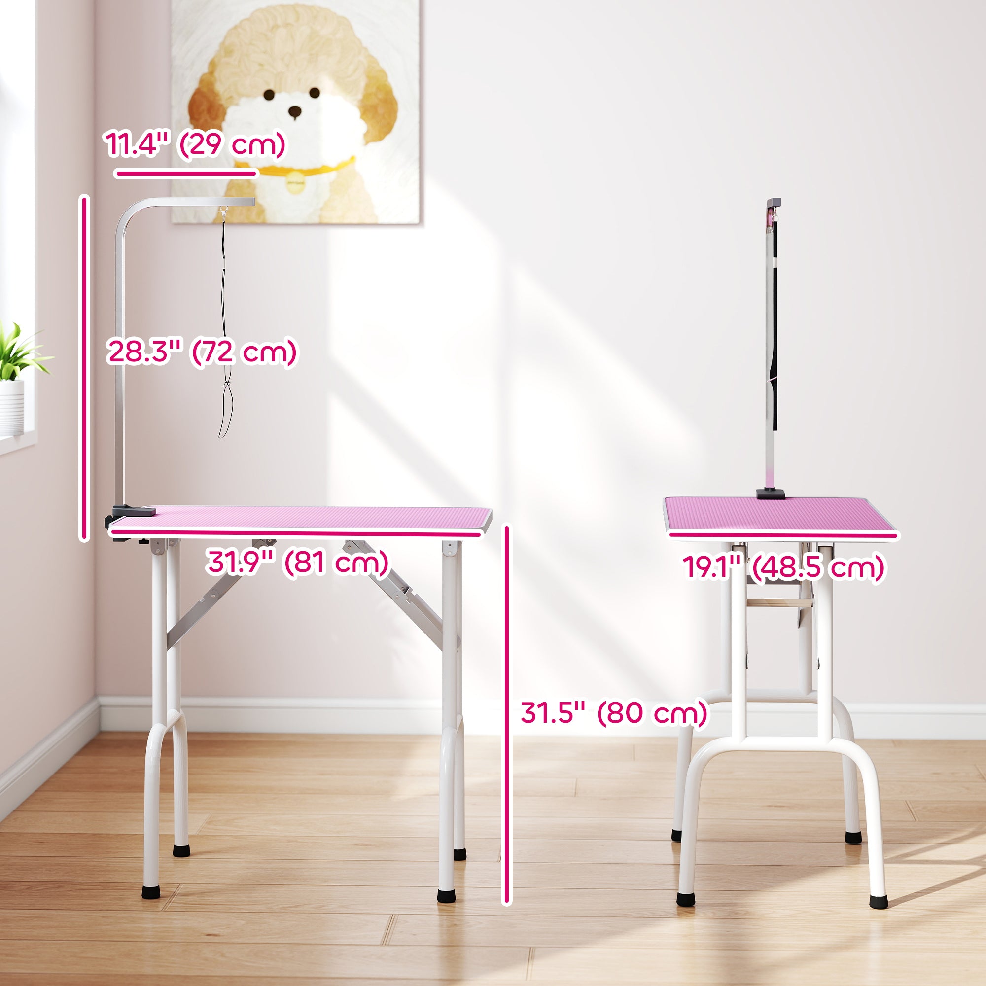 32in Foldable Dog Grooming Table for Small Medium Dogs, Pet Grooming Table for Cats Puppies with Adjustable Arm, Noose and Non-Slip Surface, Pink