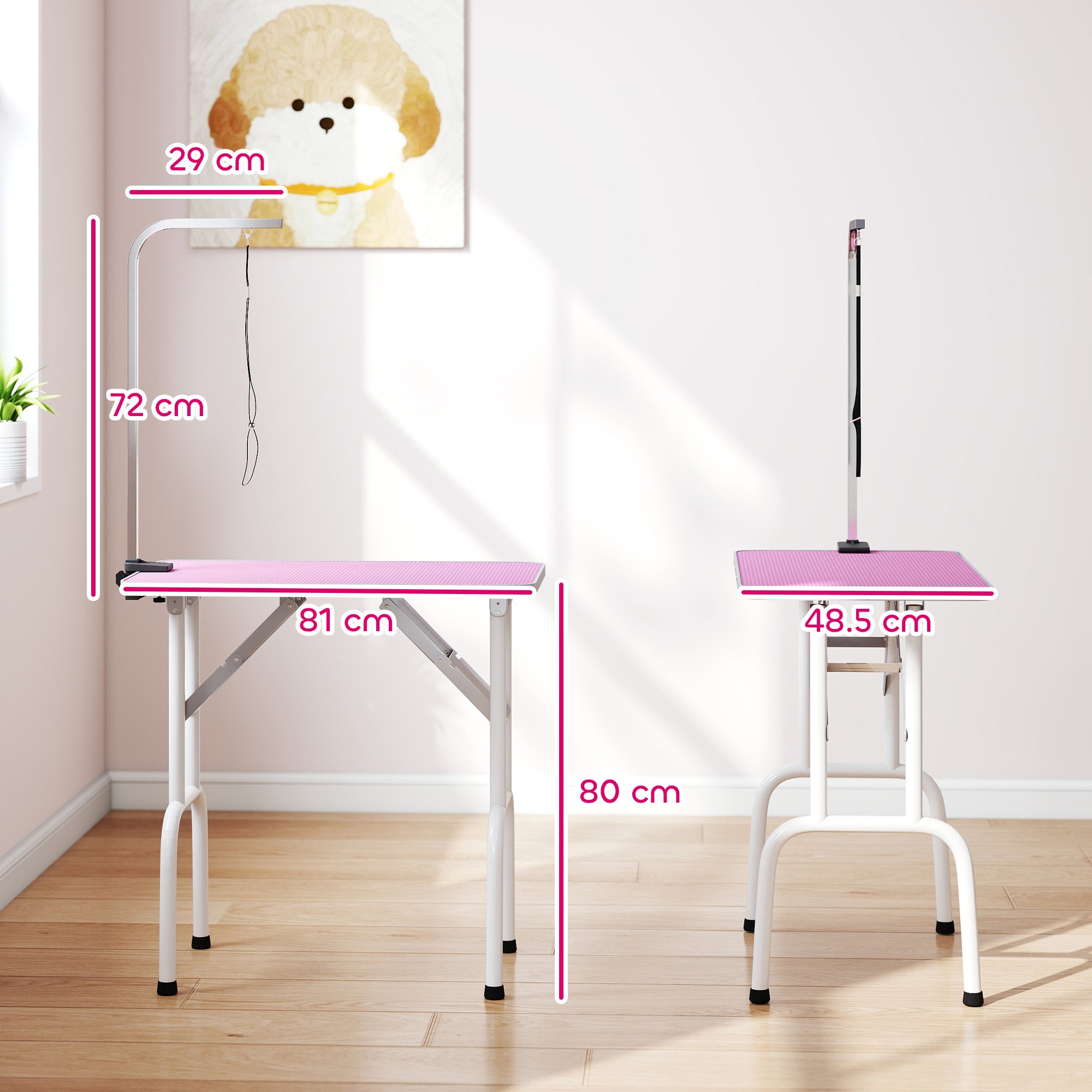 Foldable Dog Grooming Table, 32" Portable Pet Grooming Table with Height Adjustable Arm and Anti-Slip Rubber Top for Small Medium Dogs and Cats, Pink