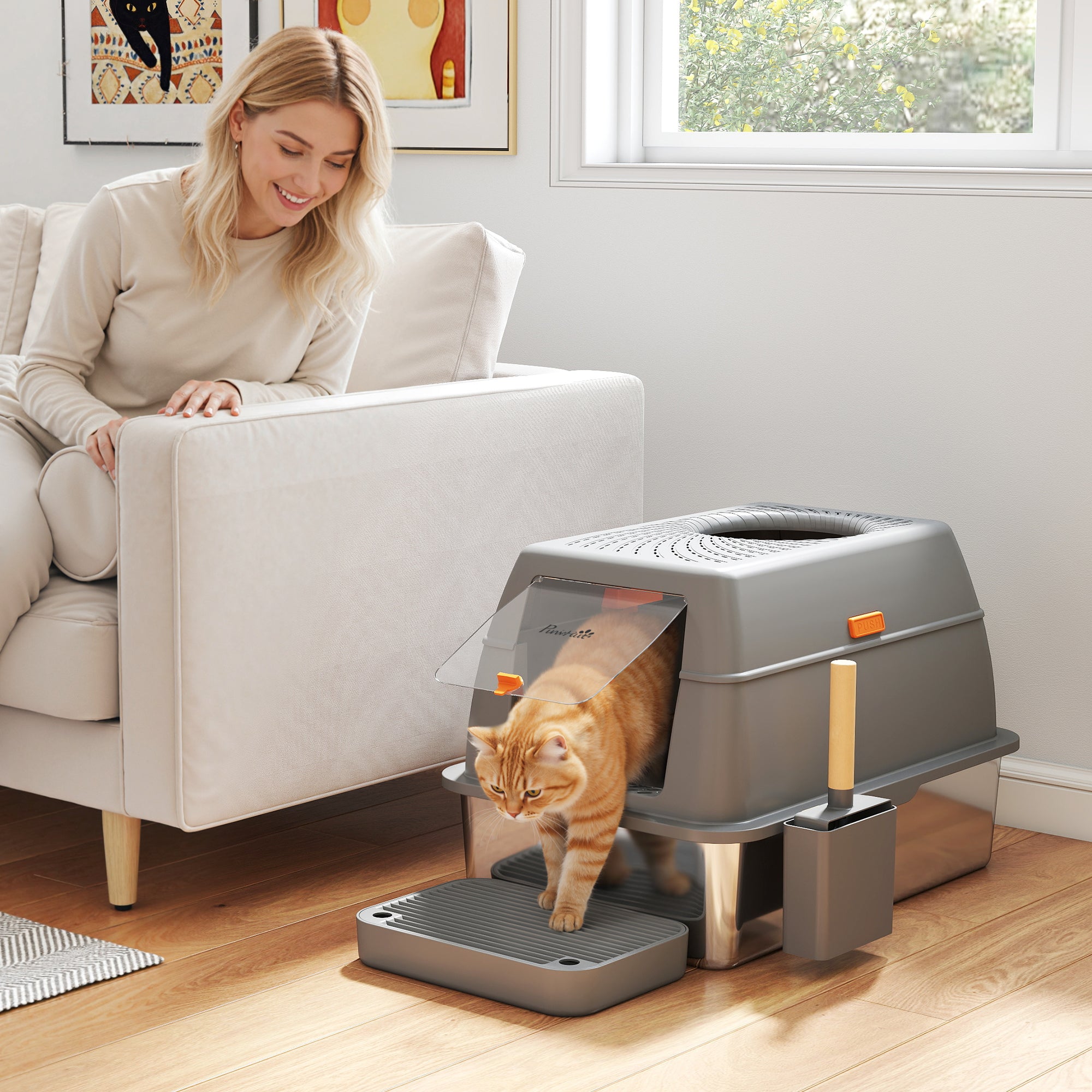 XL Stainless Steel Litter Box with Lid, 80L Extra Large Enclosed Cat Litter Box with Front/Top Entry, Trapping Step, Scoop, for Large Big Cats, Dark Grey