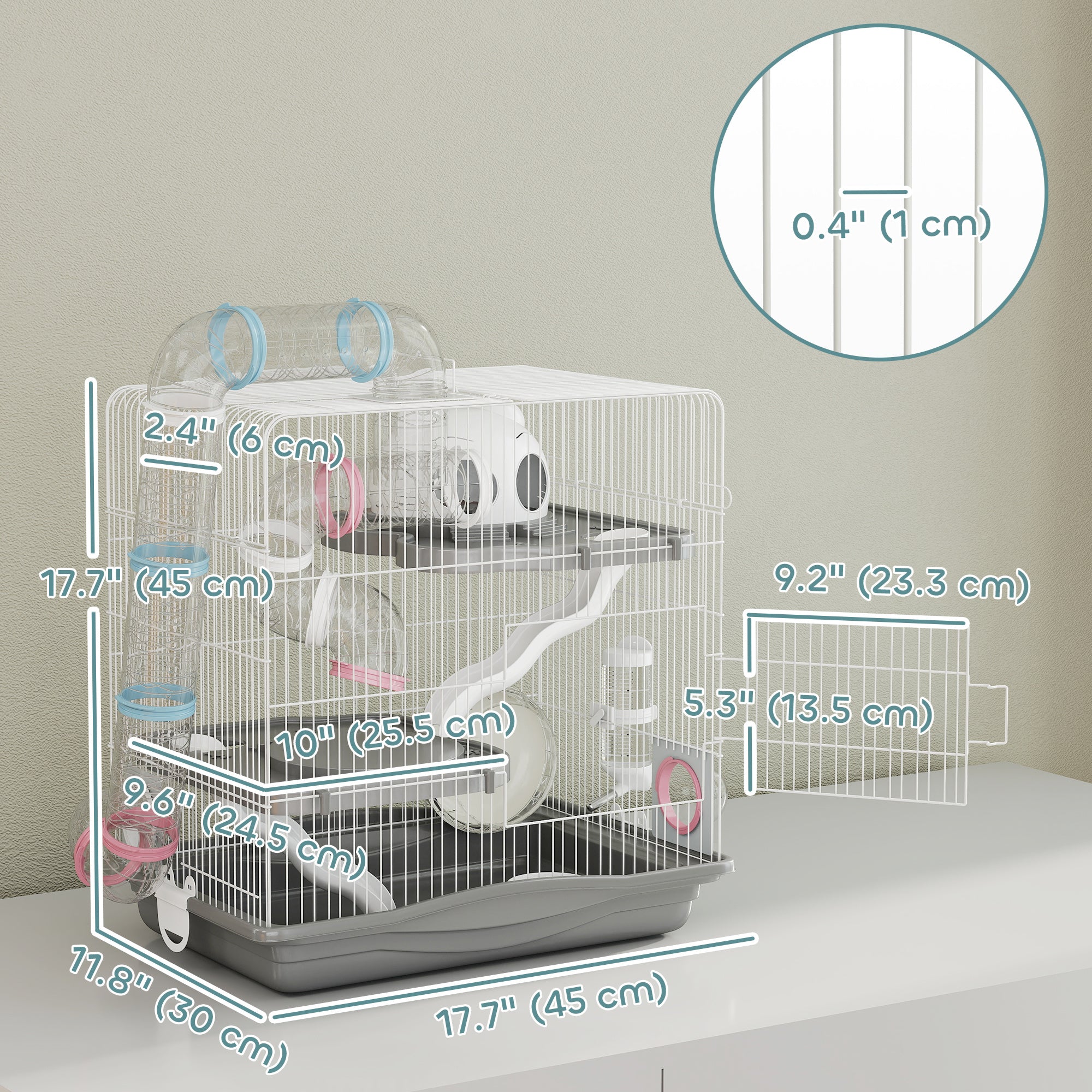 3-Tier Hamster Cage, Portable Gerbil Cage with Exercise Wheel, Tunnel, Water Bottle, Food Dish, Hut, Ramp, for Dwarf Hamsters, Mouse, 17.7" x 11.8" x 17.7", Grey