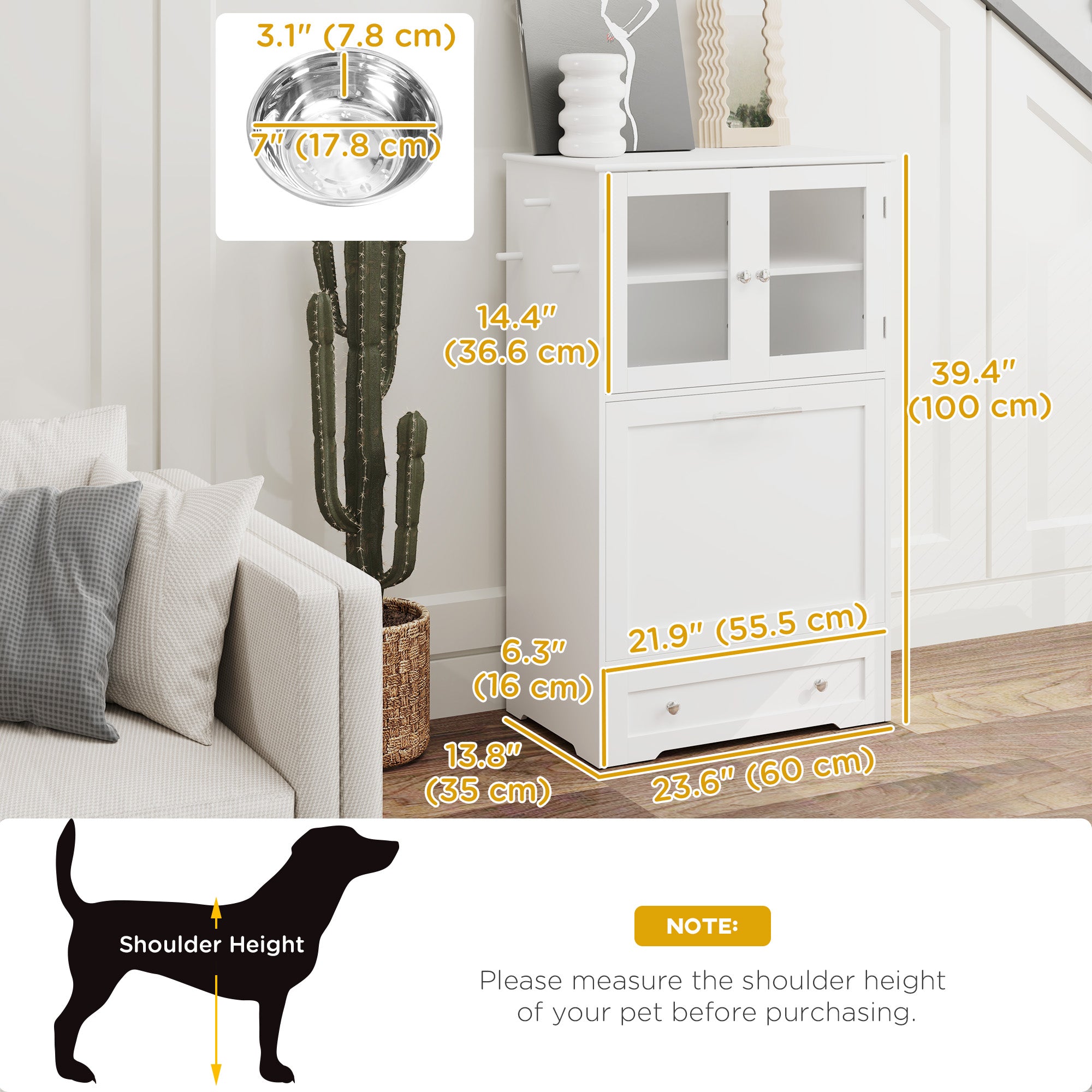 Dog Feeding Station with 2 Storage Cabinets, Dog Food Storage Cabinet with 2 Raised Dog Bowls, Side Hooks, Anti-tip Kit for Water and Feeding Supplies, White