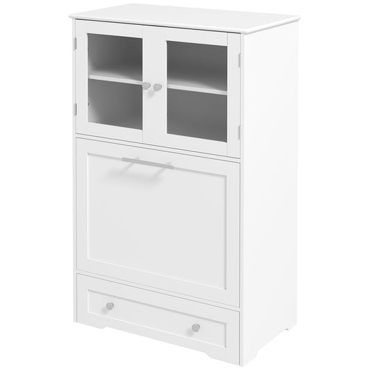 Dog Feeding Station with 2 Storage Cabinets, Dog Food Storage Cabinet with 2 Raised Dog Bowls, Side Hooks, Anti-tip Kit for Water and Feeding Supplies, White