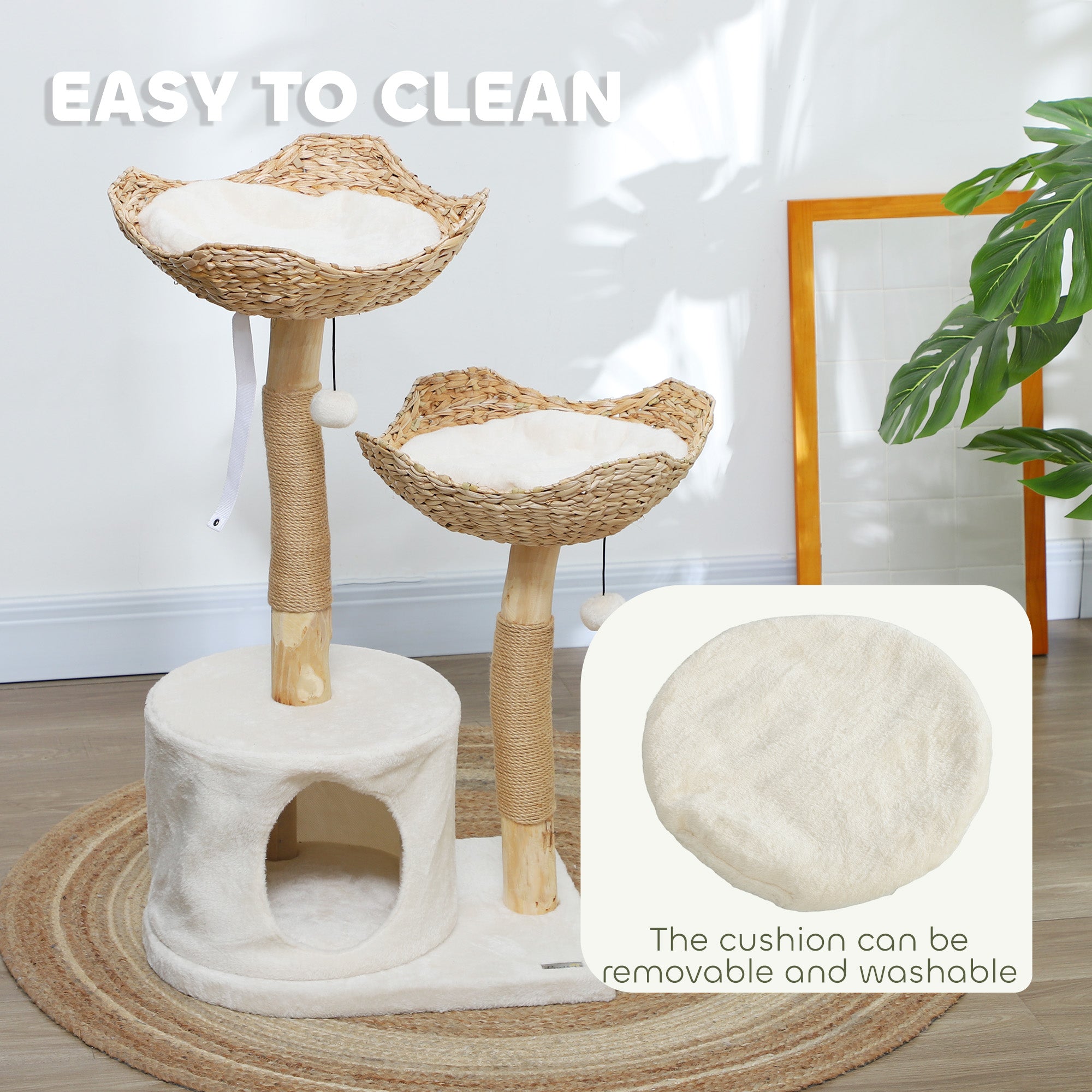 PawHut 72cm Cat Tree Tower – With 2 Beds, Scratching Posts, Toy Ball, Beige, For Cats Up To 5kg