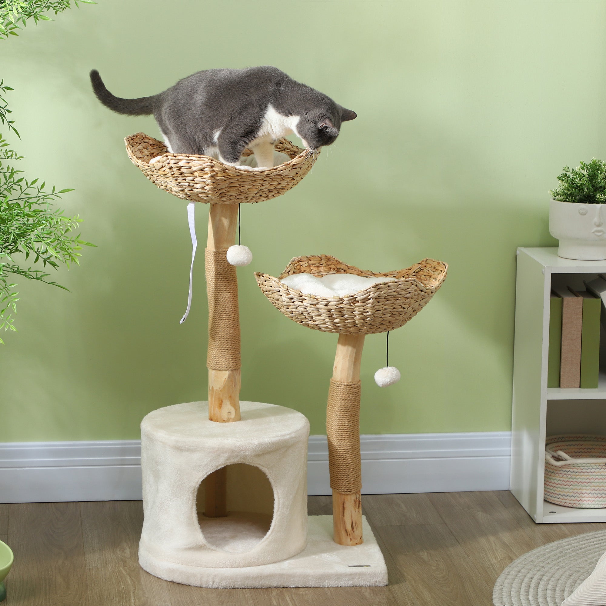 contemporary cat scratching post PawHut 37 Inch Modern Cat Tree w/ Wooden Scratching Posts, Condo, Beds, Cushions, Toy Balls, Anti-tip Kit