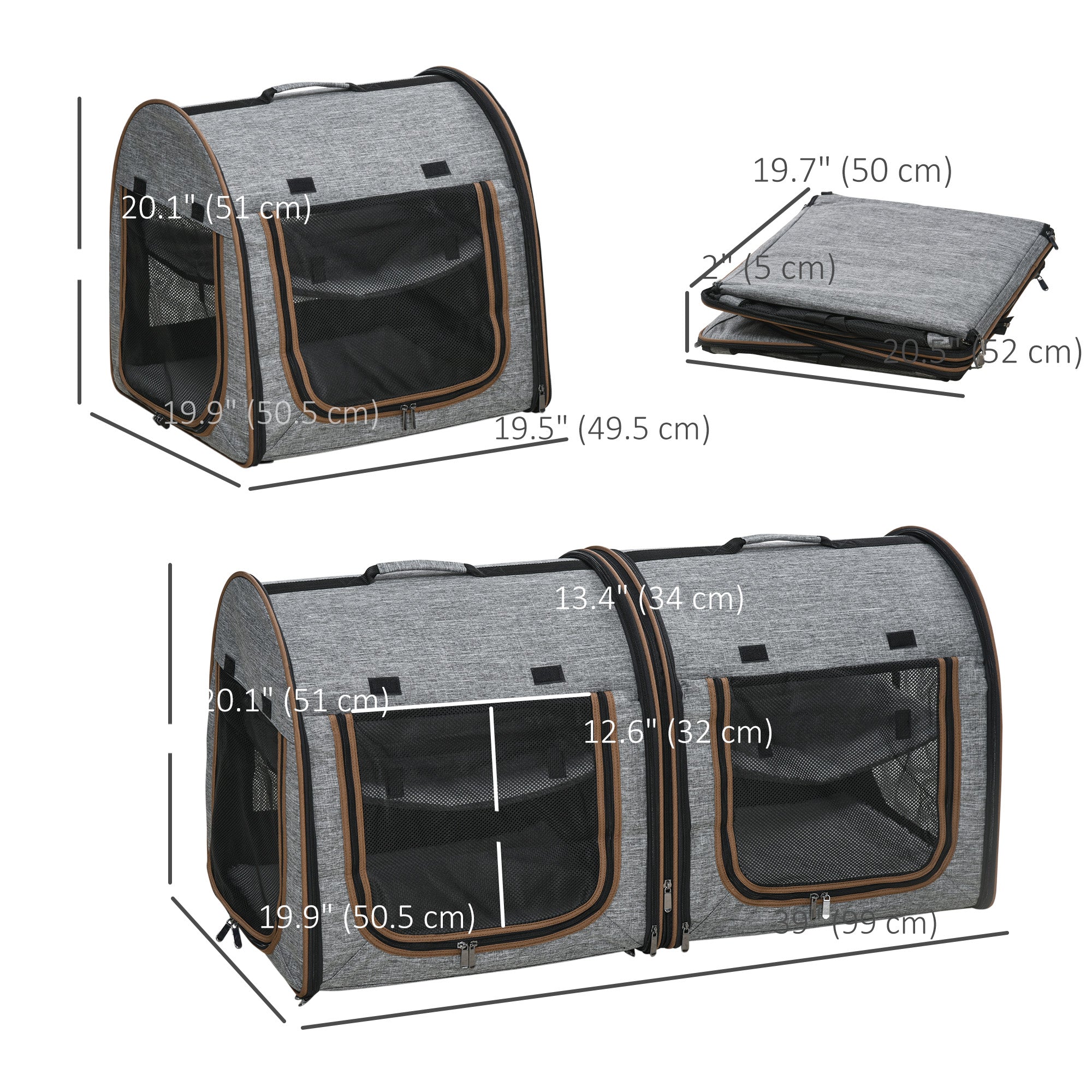39" Travel Pet Carrier, Portable Soft-Sided Cat Carrier with Divider, Two Compartments, Soft Cushions & Storage Bag, Grey