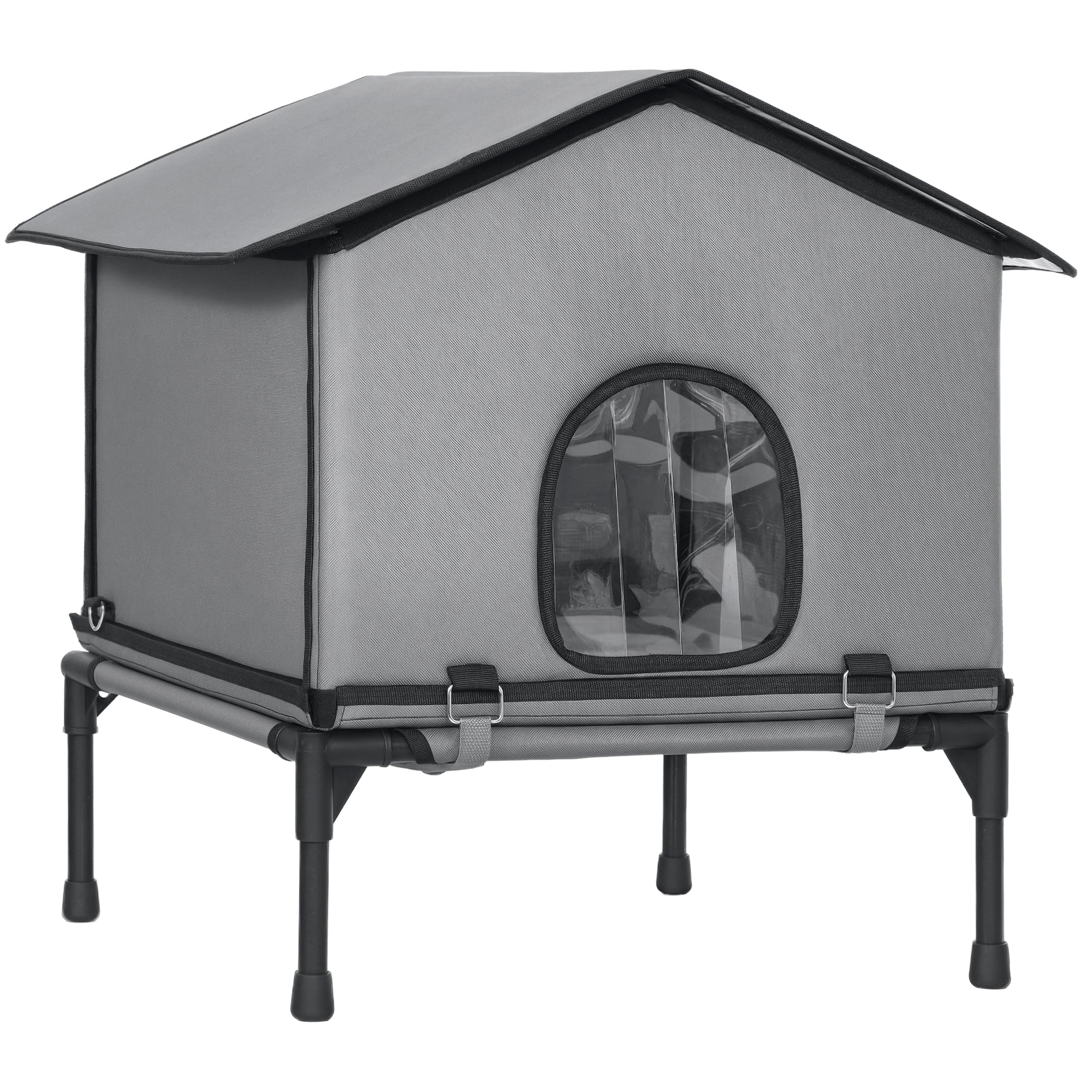 Outdoor Cat House, Waterproof Insulated Cat Kennel with Elevated Base, Cushion, Foldable Feral Kitty Shelter for Indoor Outdoor Kittens, Grey